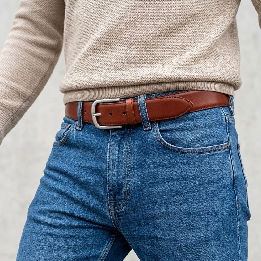 Lebenslang-Gürtel: nachhaltiger Herren Ledergürtel in Cognac: „Hannes“ – 4 cm breit, edler Jeansgürtel mit massiver Edelstahlschnalle