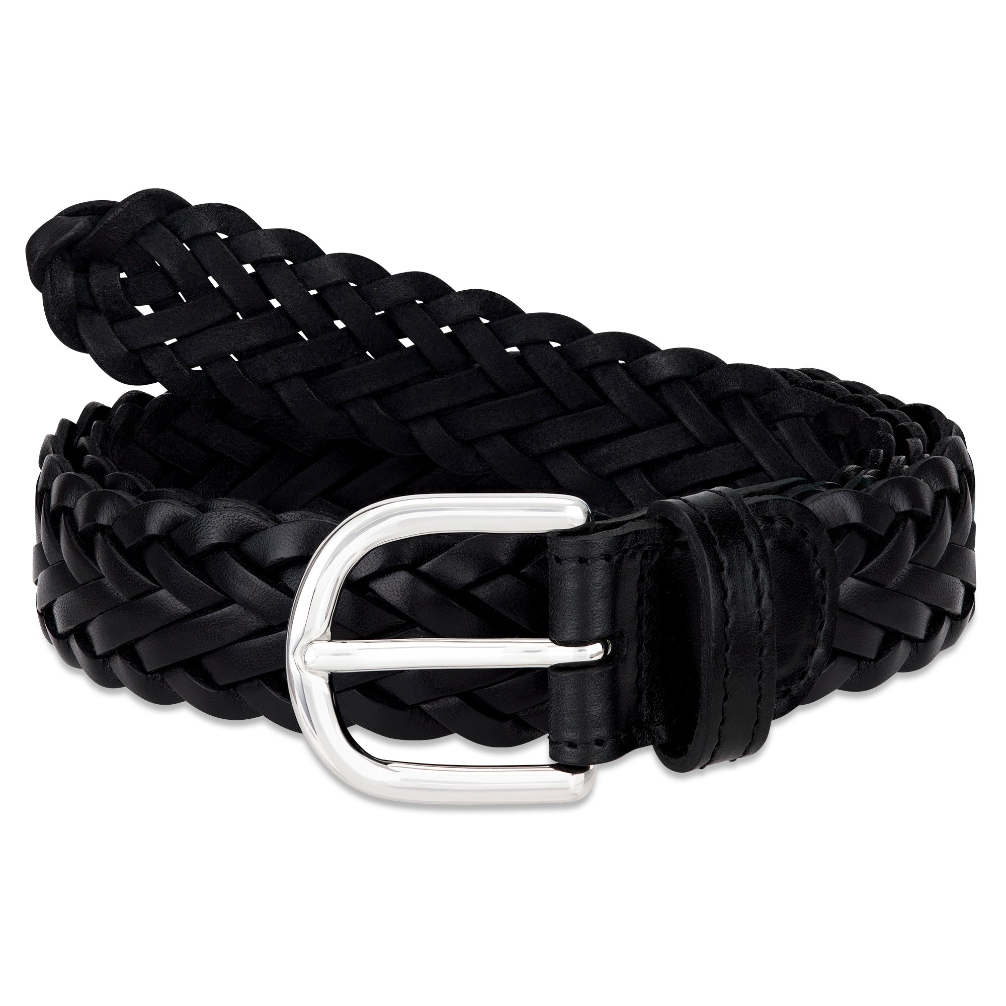 Handgeflochtener Unisex Ledergürtel „Andrea“ in Schwarz mit Silber-Schnalle – Flechtgürtel, 3 cm