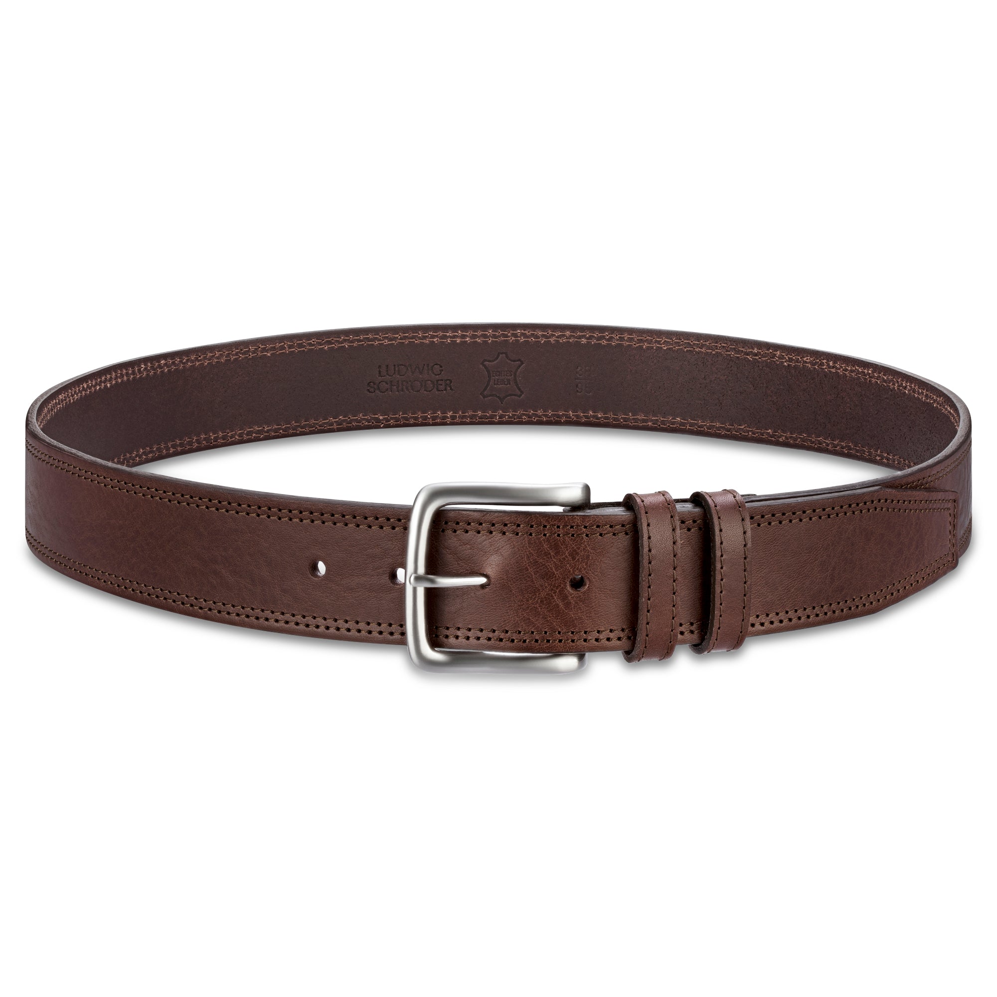 4cm breiter Jeansgürtel für Herren in Braun mit doppelter Ziernaht. Das schöne Rindleder ist einlagig. Die Gürtelschnalle ist silbersatiniert. Der Gürtel hat zwei Schlaufen. Die Spitze ist trapezförmig.