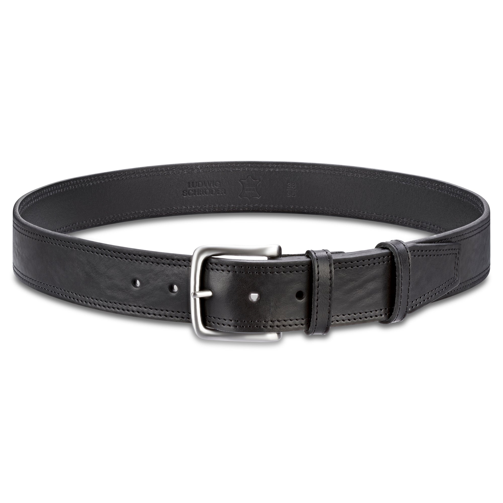 4cm breiter Jeansgürtel für Herren in Schwarz mit doppelter Ziernaht. Das schöne Rindleder ist einlagig. Die Gürtelschnalle ist silbersatiniert. Der Gürtel hat zwei Schlaufen. Die Spitze ist trapezförmig.