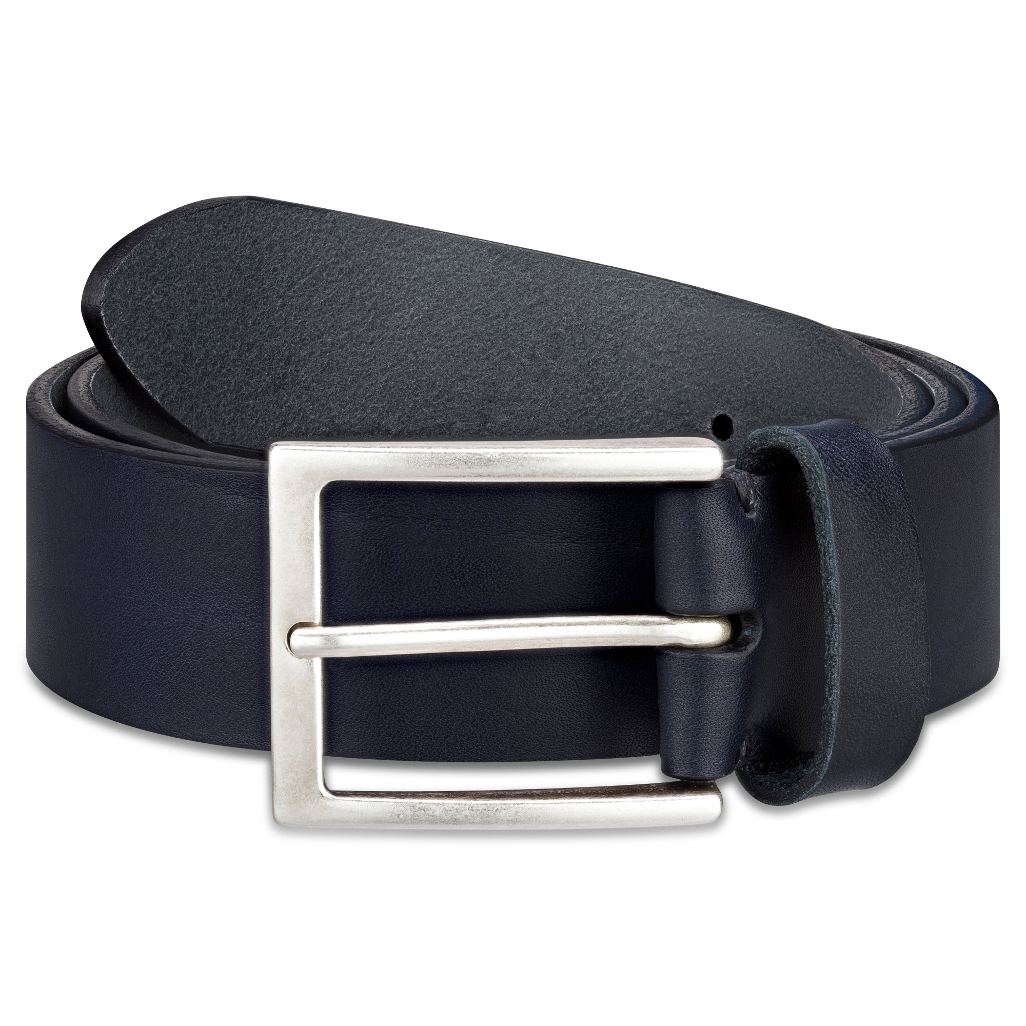 4cm Herren Jeans Ledergürtel in Dunkelblau aus dickem, pflanzlich gegerbtem Leder mit silberner Schnalle. Die Gürtelschnalle ist mit einem dicken Sattlergarn von Hand vernäht.