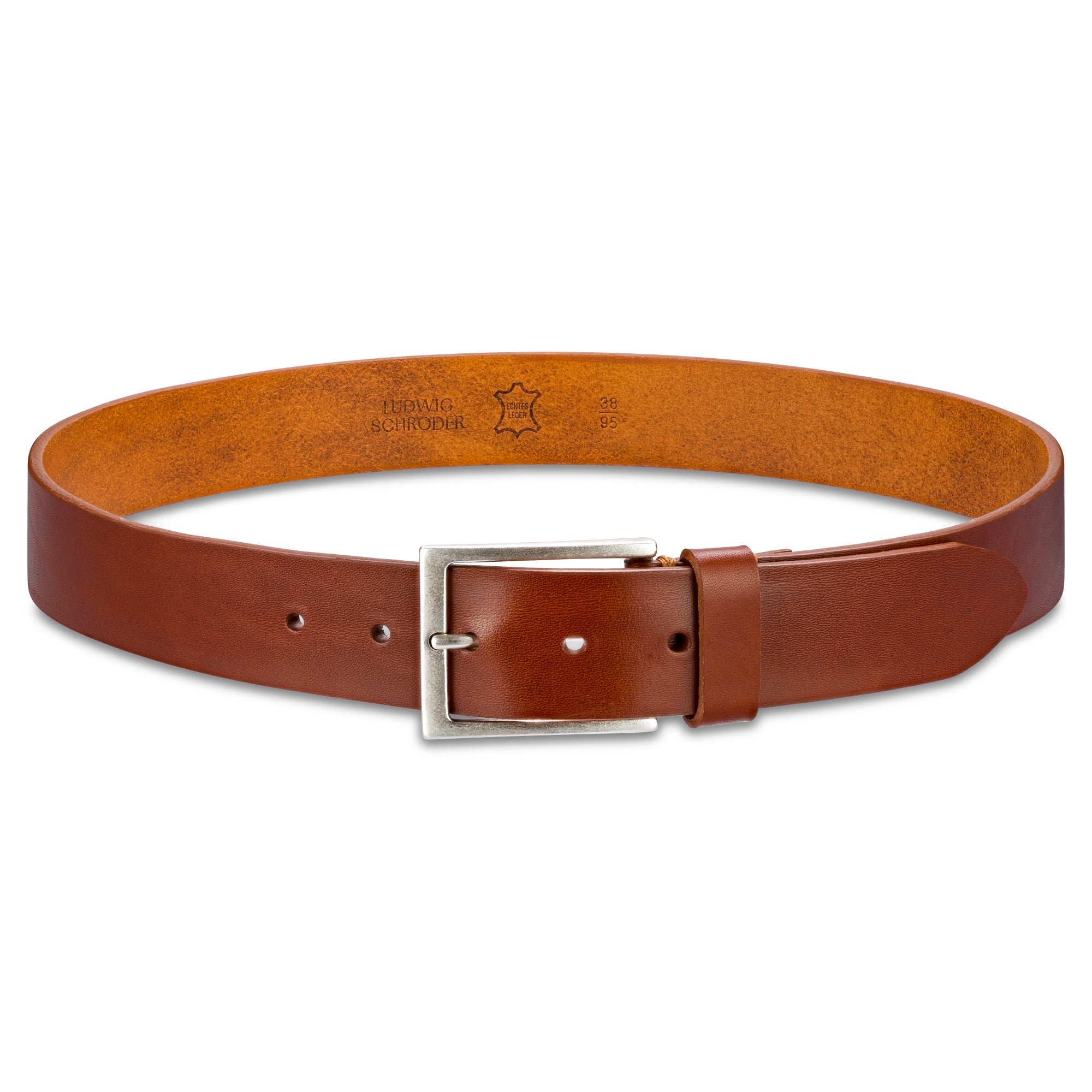 4cm Herren Jeans Ledergürtel in Cognac aus dickem, pflanzlich gegerbtem Leder mit silberner Schnalle. Das Logo Ludwig Schröder ist innen mittig heiß eingeprägt