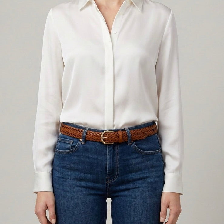 Handwerkskunst: Geflochtener Ledergürtel „Andrea“ in Hellbraun – handgeflochtener Leder-Flechtgürtel, 3 cm breit