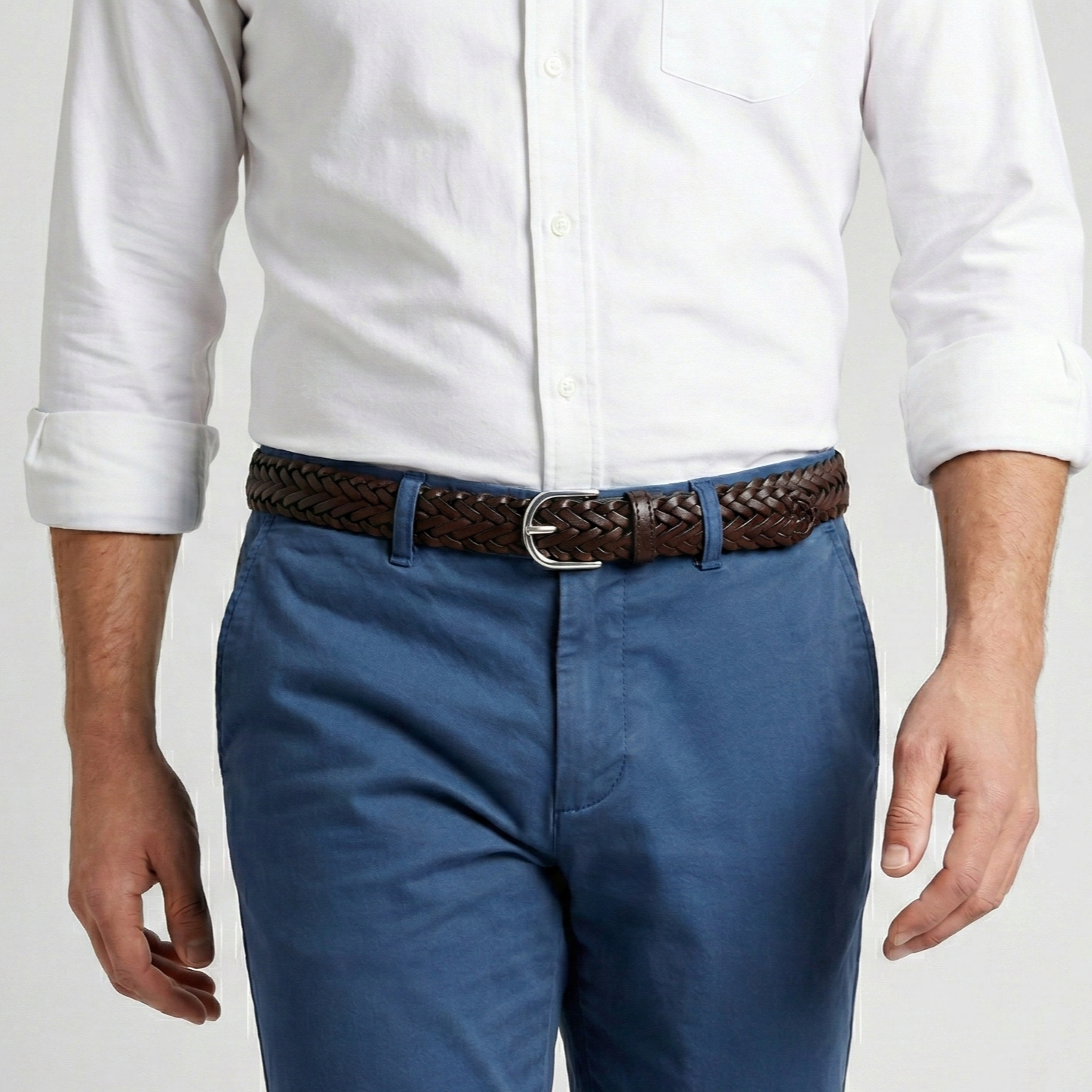 Handgeflochtener Ledergürtel „Andrea“ in Braun – schmaler Unisex Flechtgürtel, 3 cm breit mit Silber-Schnalle