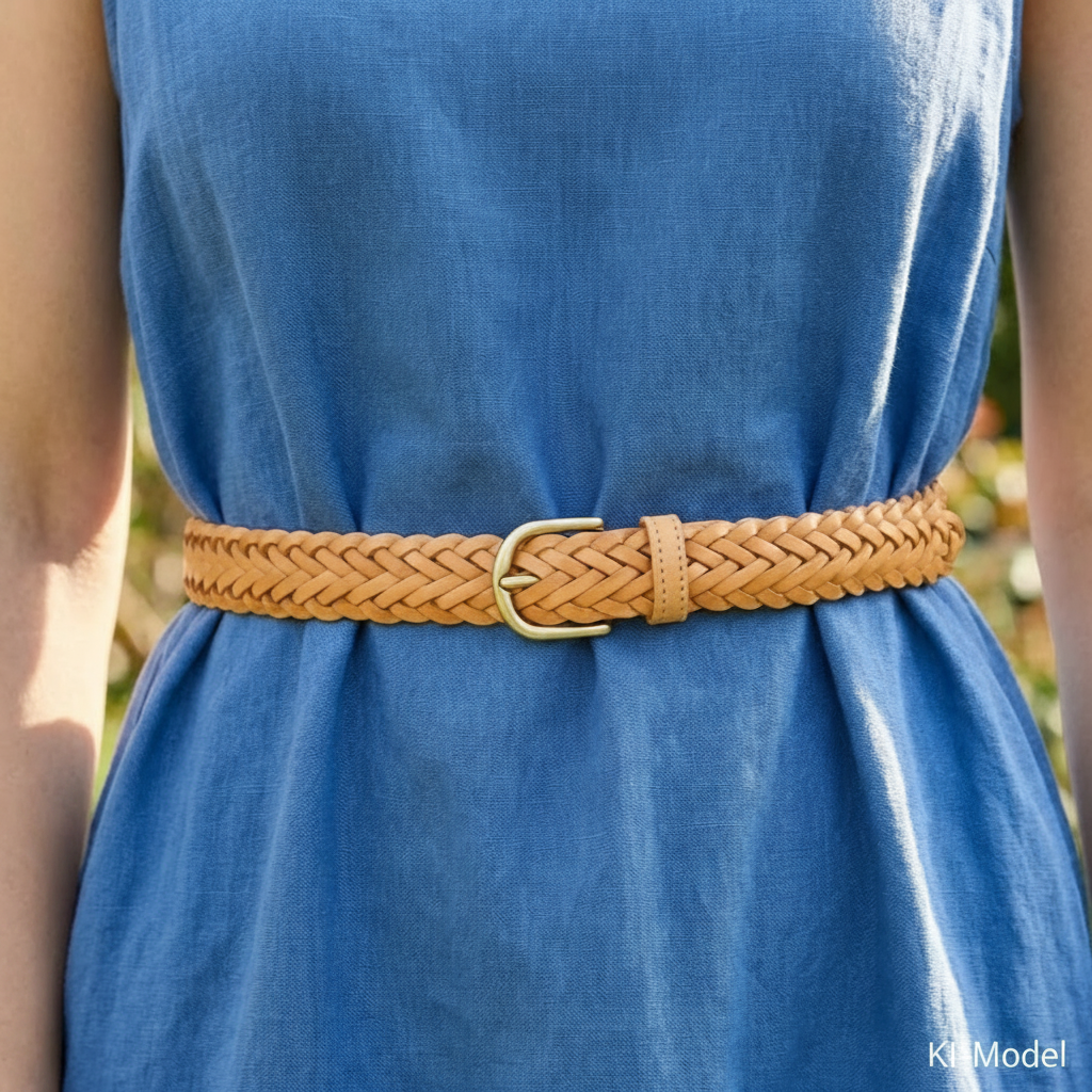 Geflochtener Ledergürtel „Andrea“ in Natur – Unisex Flechtgürtel, 3 cm breit mit Goldschnalle