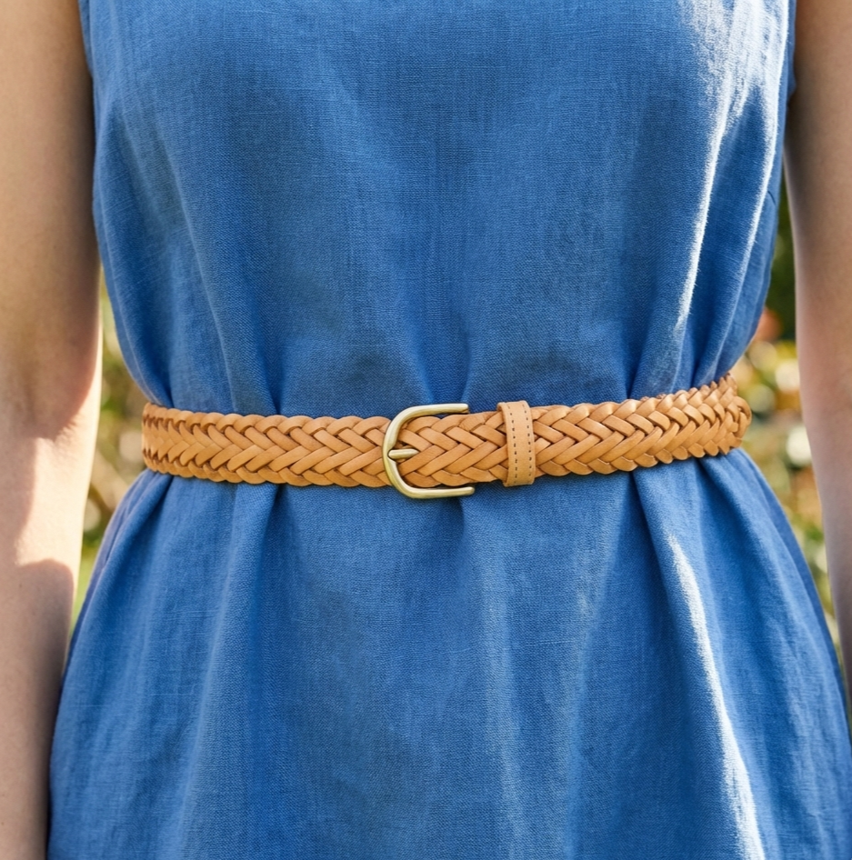 Geflochtener Ledergürtel „Andrea“ in Natur – Unisex Flechtgürtel, 3 cm breit mit Goldschnalle