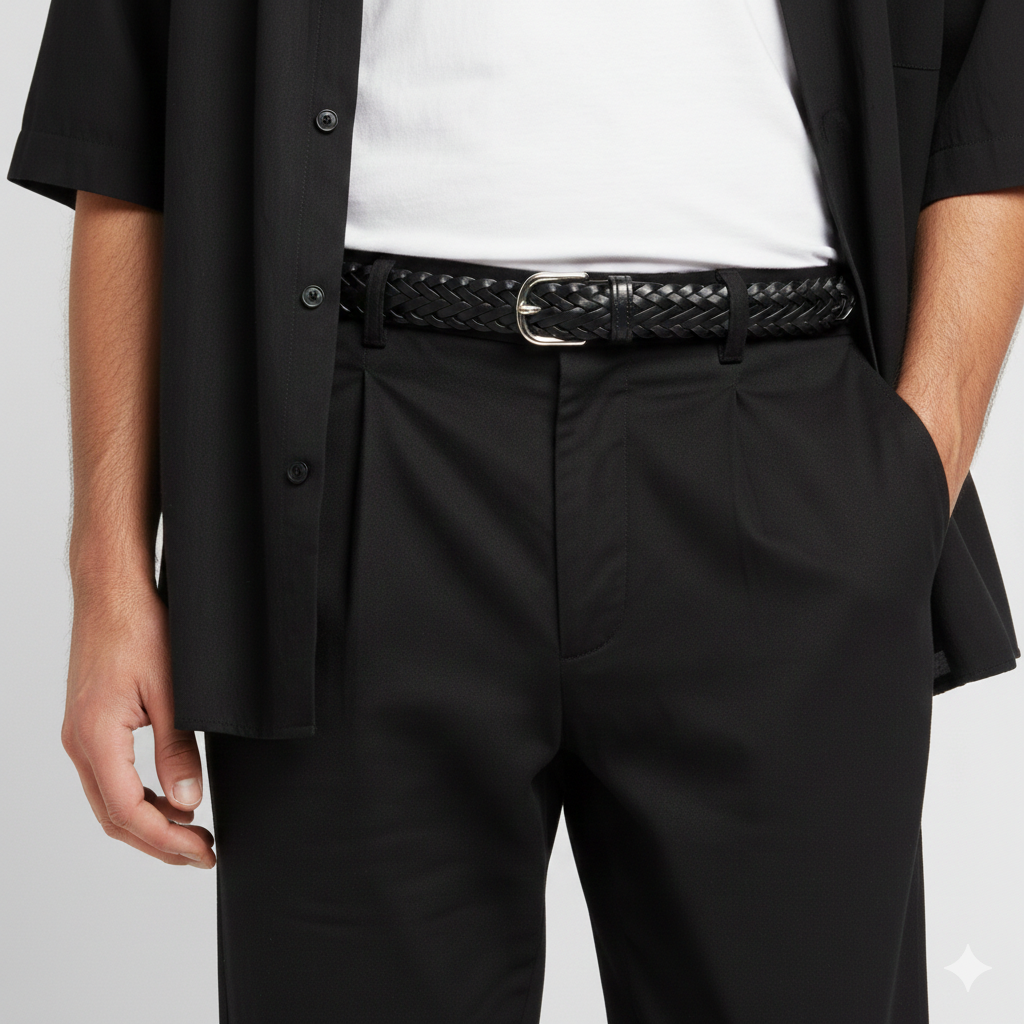 Handgeflochtener Unisex Ledergürtel „Andrea“ in Schwarz mit Silber-Schnalle – Flechtgürtel, 3 cm