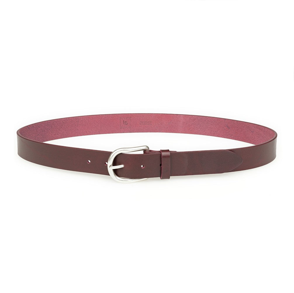Handgemachter Damen Jeansgürtel „Antonia" in Bordeaux, Pflanzlich Gegerbtes Rindleder – Nachhaltig und Hautfreundlich