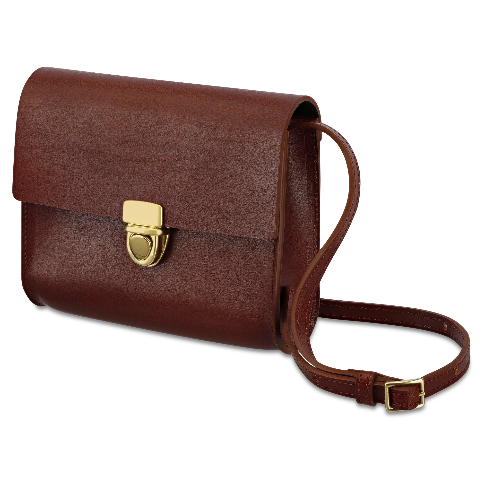 Brottasche aus Leder in Cognac Damen Ledertasche, Messingverschluss