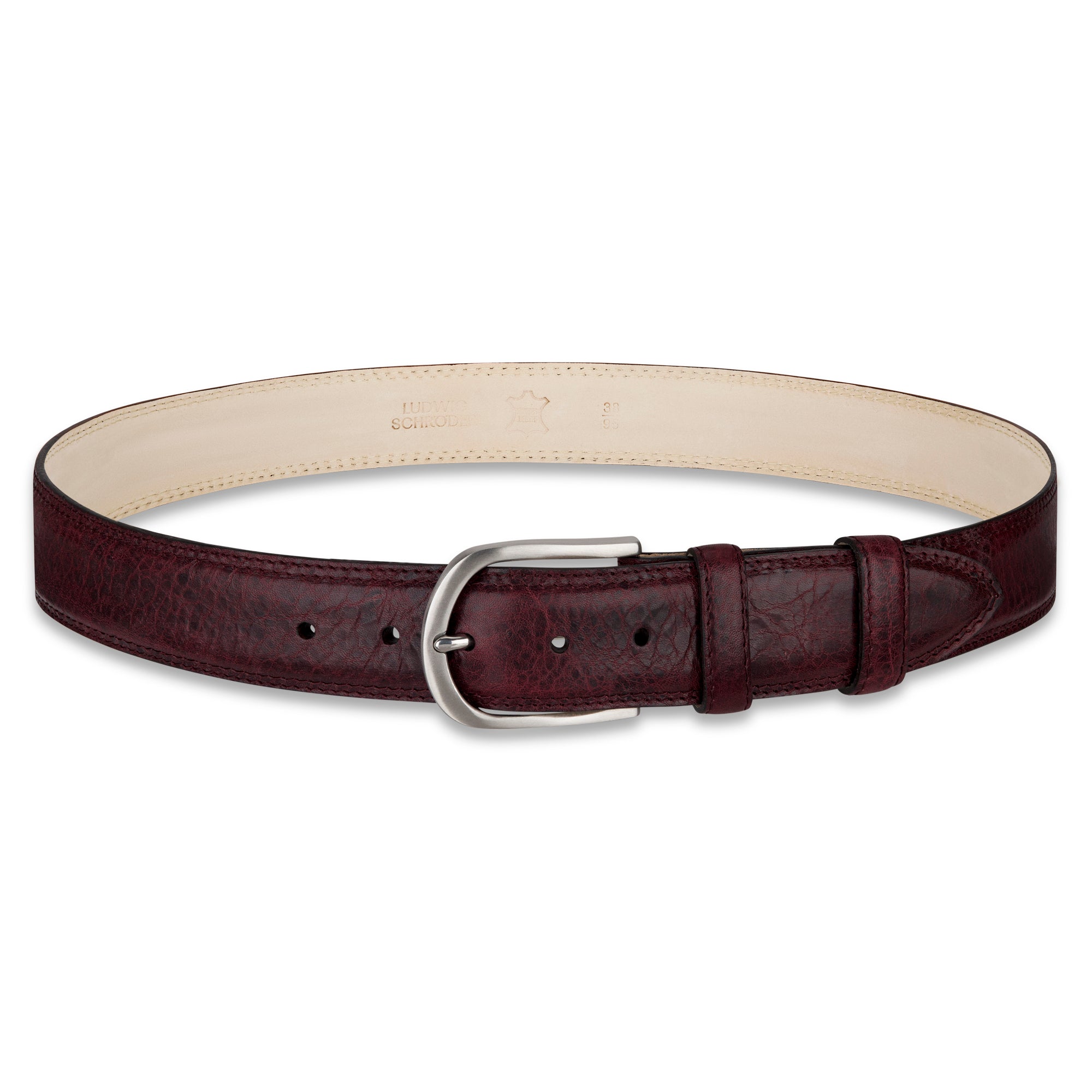 „Gregory“ der authentische Herren Ledergürtel in Bordeaux – 4 cm breit, "superbombiert", mit Edelstahl-Schnalle