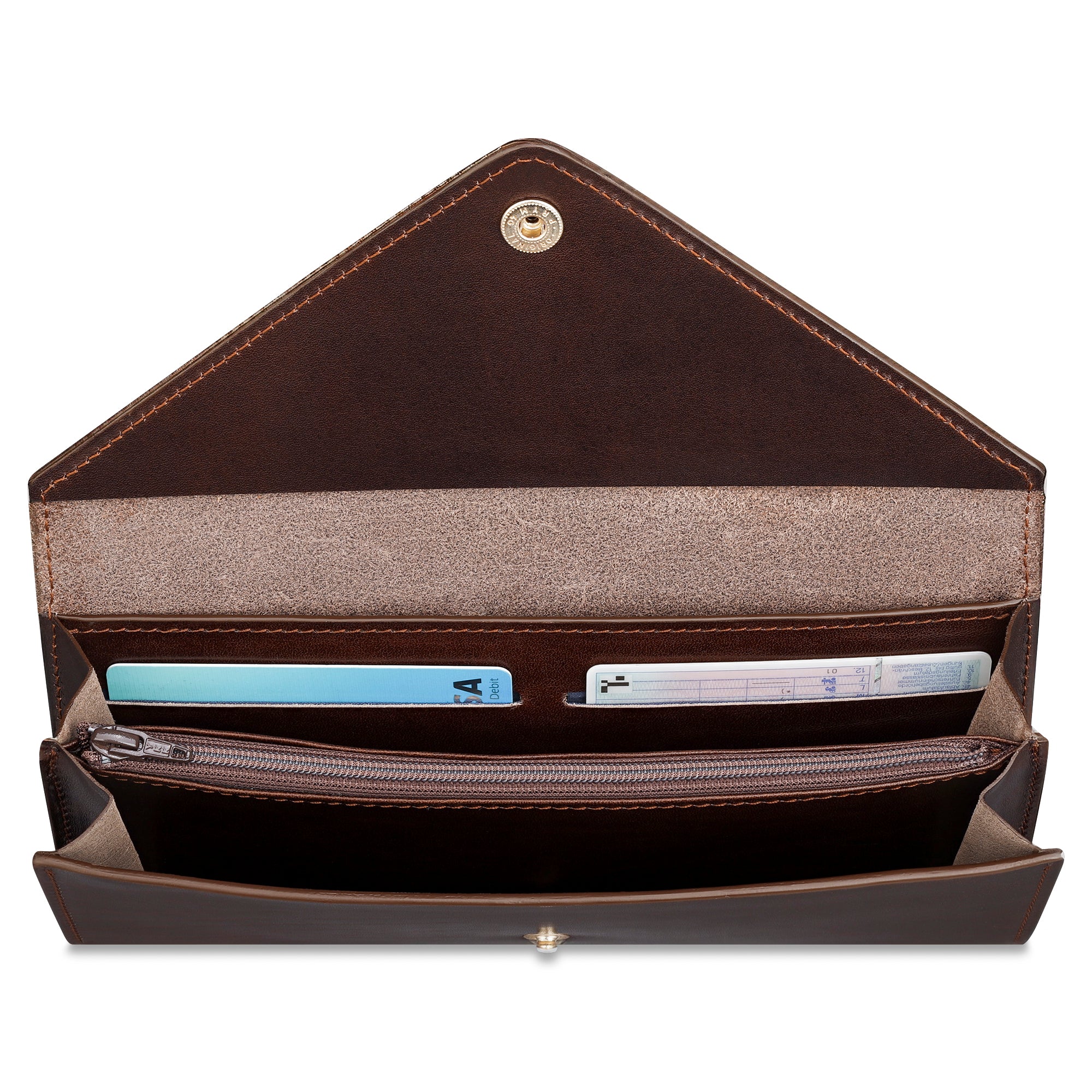 Damen Geldbörse aus pflanzlich gegerbtem in Braun. Längliches Format. Hochwertiger Messing Druckknopf. Hier geöffnet: innen Reißverschlussfach für Münzen sowie 6 Kreditkartenfächer