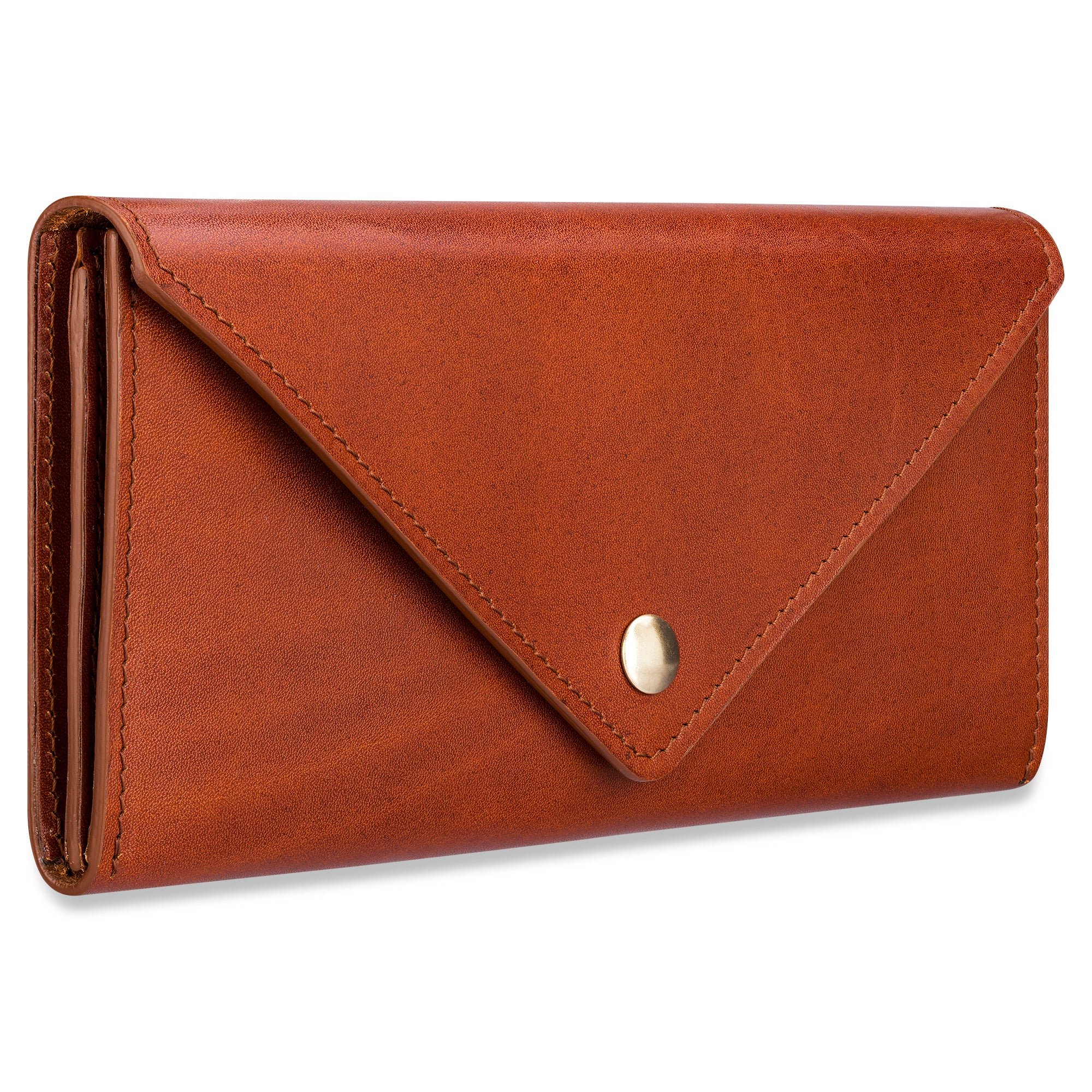 Damen Geldbörse aus pflanzlich gegerbtem Leder in Cognac. Längliches Format mit spitz zulaufender Klappe. Hochwertiger Messing Druckknopf