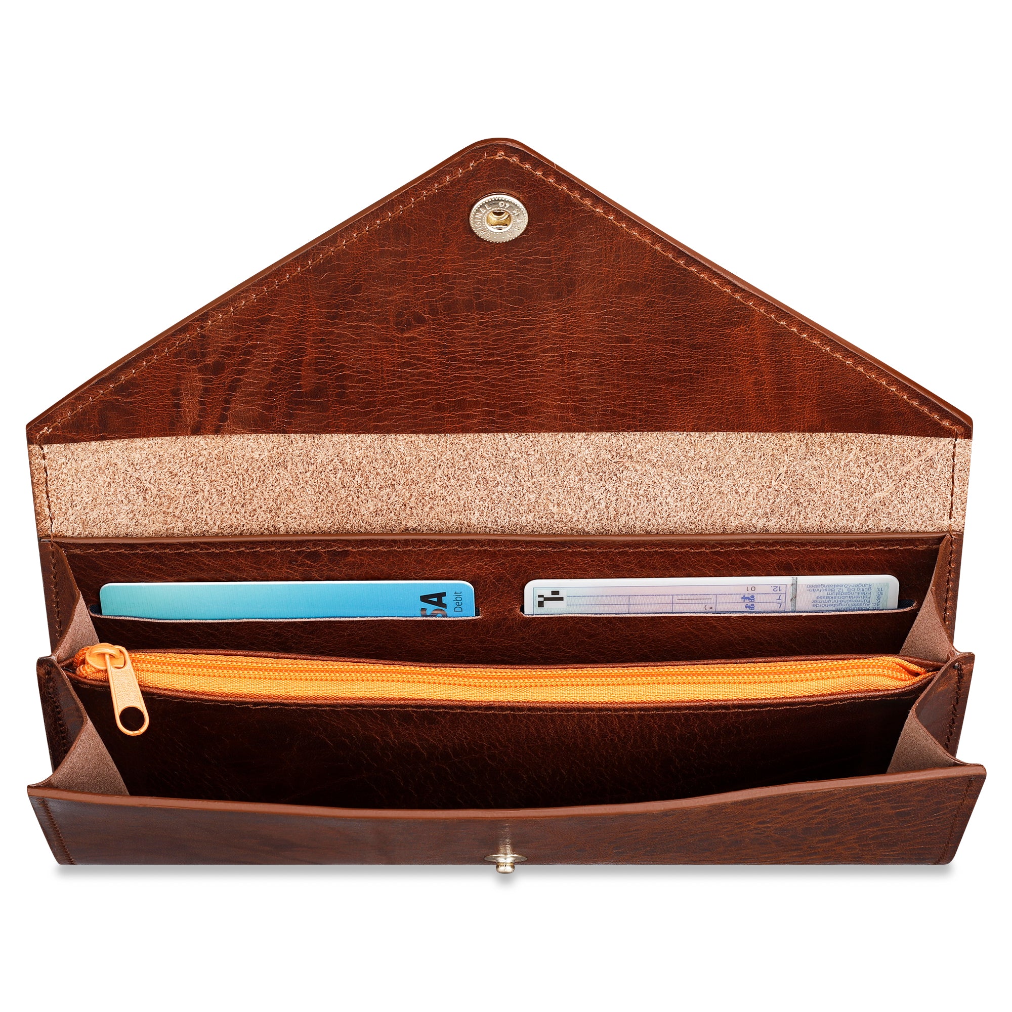 hellbraune Damen Geldbörse aus pflanzlich gegerbtem im Vintage Look. Längliches Format. Hochwertiger Messing Druckknopf. Hier geöffnet: innen Reißverschlussfach für Münzen sowie 6 Kreditkartenfächer