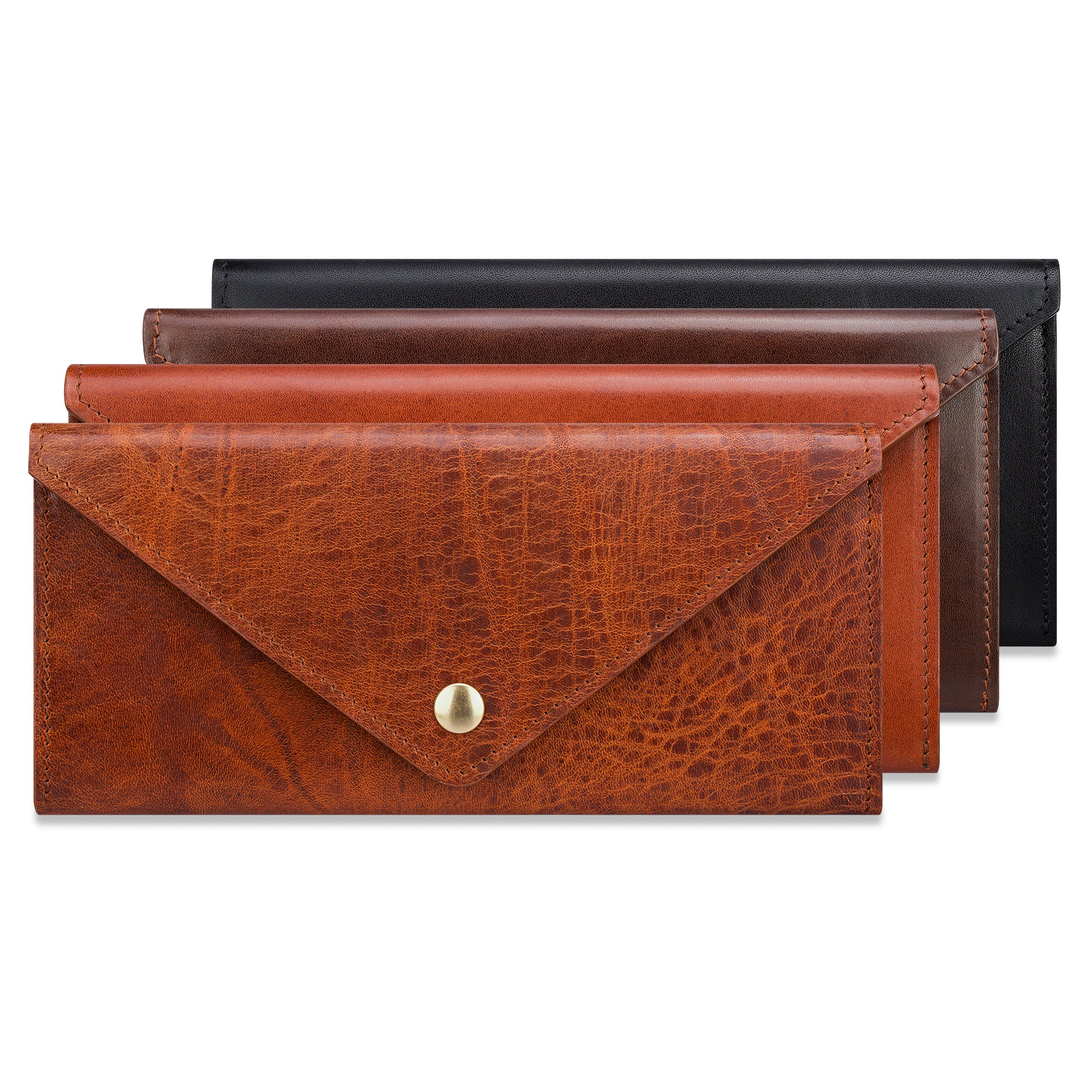 Damengeldbörse aus pflanzlich gegerbtem Leder mit Messing Druckknopf: braun, cognac und schwarz