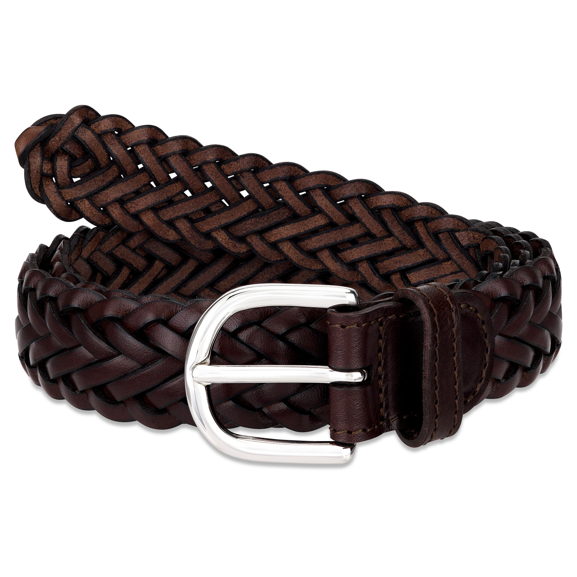Handgeflochtener Ledergürtel „Andrea“ in Braun – schmaler Unisex Flechtgürtel, 3 cm breit mit Silber-Schnalle