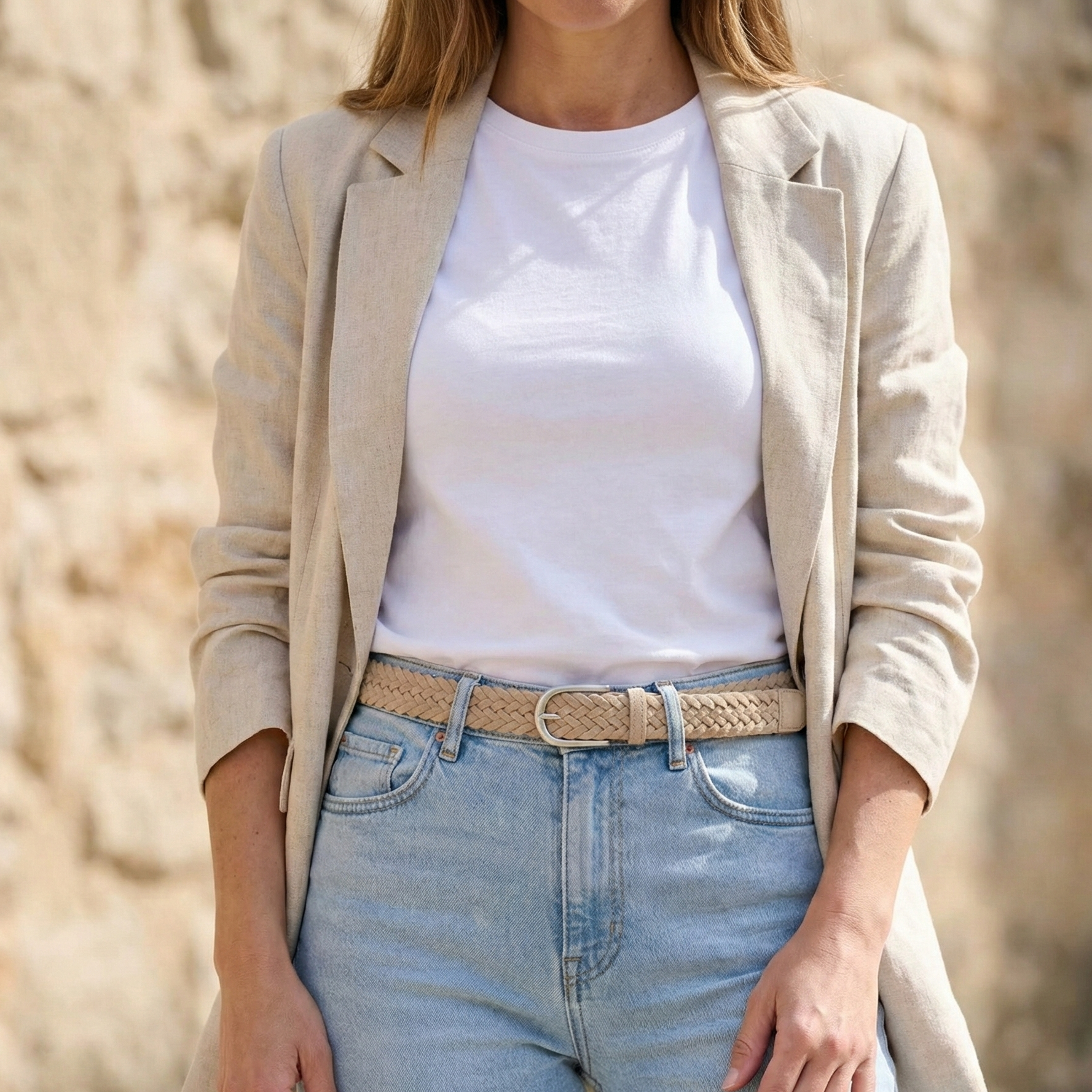 Damen Flechtgürtel aus Veloursleder: „Francesca“ in Beige/ Sand – 3,5 cm breit