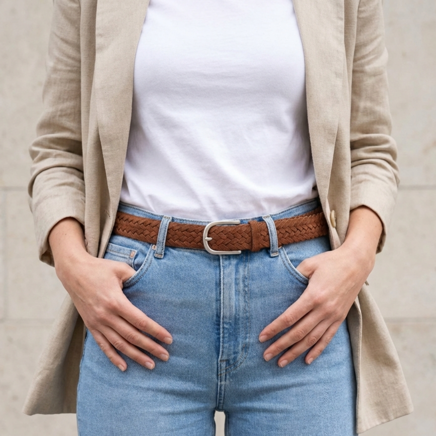 Damen Flechtgürtel aus Veloursleder: „Francesca“ in Braun – 3,5 cm breit