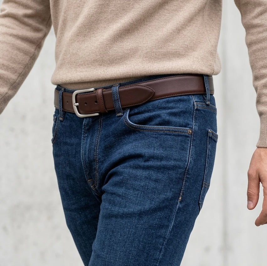 Lebenslang-Gürtel „Hannes“ in Braun – 4 cm, bombierter Herren Jeansgürtel mit massiver Edelstahlschnalle