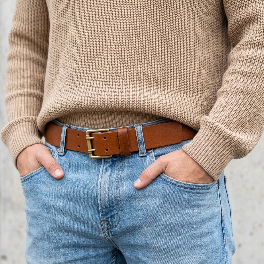 Bio-Leder Gürtel in Cognac, „Heinrich“ - 4 cm breit, pflanzlich gegerbtes Albbüffel-Leder von der Schwäbischen Alb