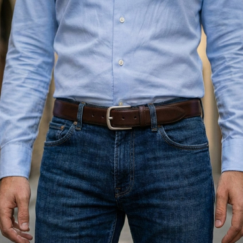 Lebenslang-Gürtel: nachhaltiger Herren Ledergürtel in Braun: „Hannes“ – 4 cm breit, edler Jeansgürtel mit massiver Edelstahlschnalle