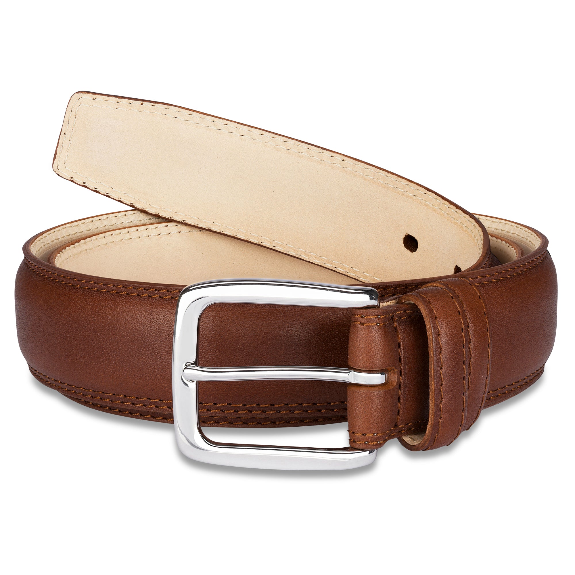 Bombierter Herren Ledergürtel in Cognac mit ungefärbtem Futterleder. Zweifach genäht. Kombiniert mit einer edlen, silberner Schnalle.