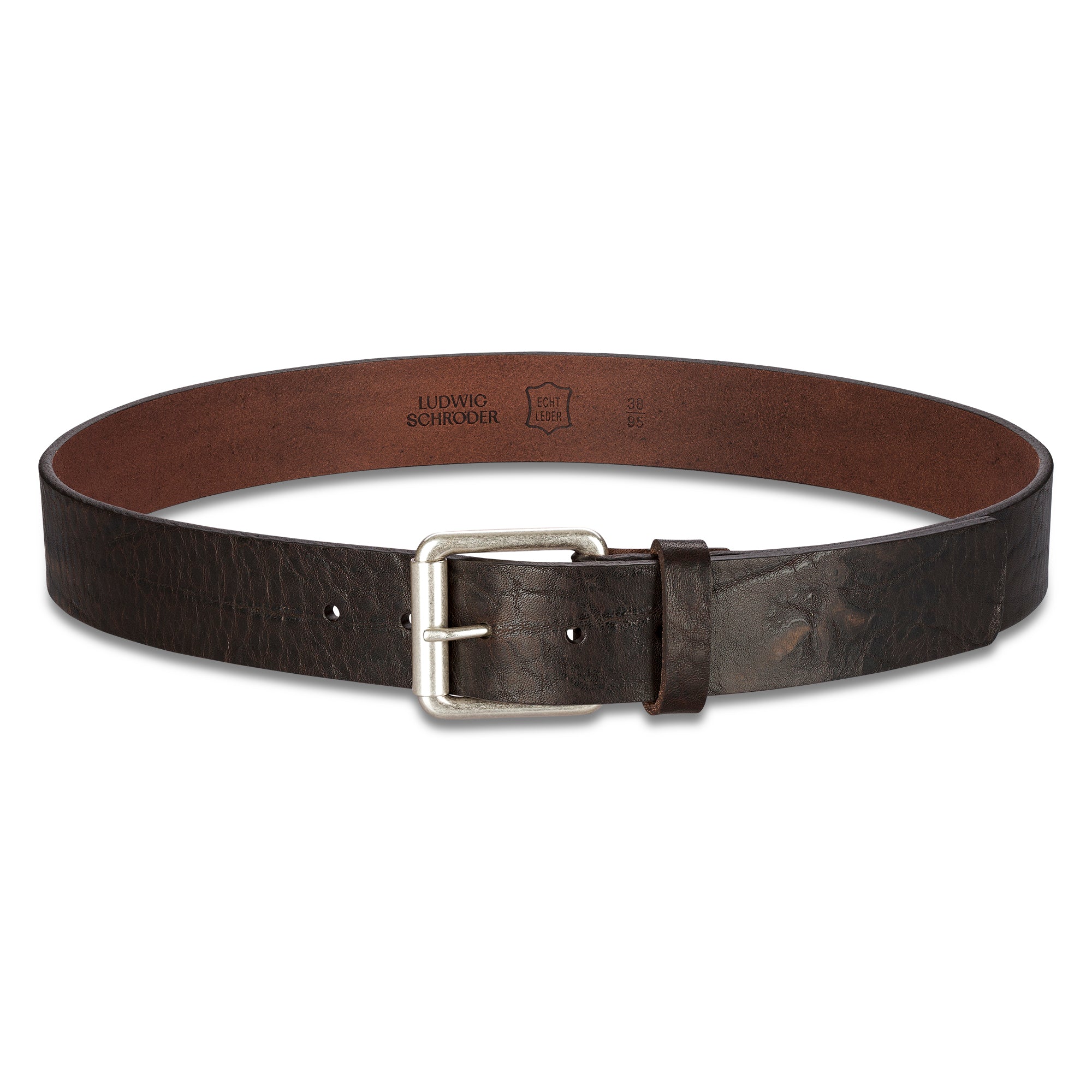 Brauner 4cm Ledergürtel für Männer mit silberner Rollschnalle im Used Look aus dickem, pflanzlich gegerbtem Leder
