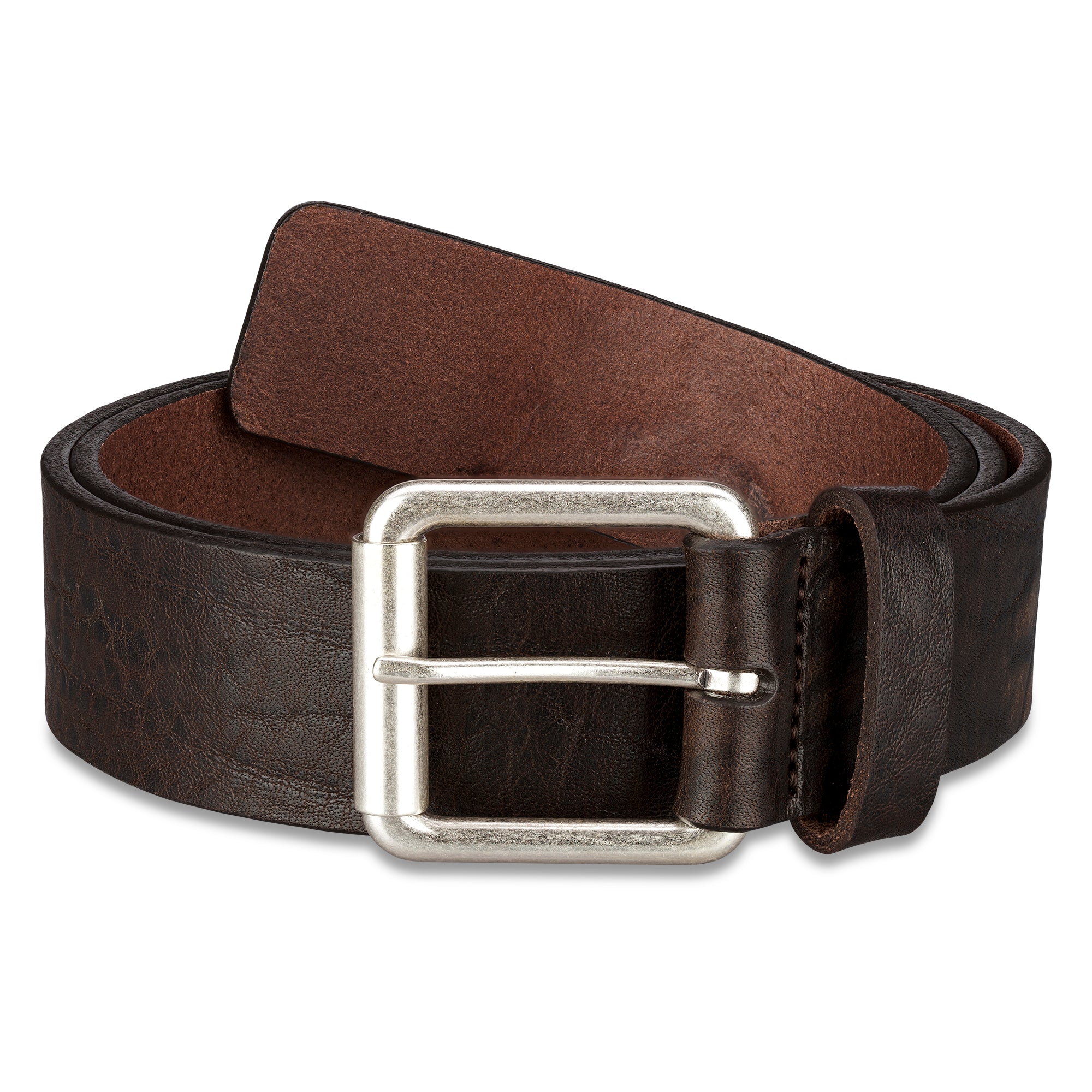 4cm Brauner Ledergürtel für Männer mit silberner Rollschnalle im Used Look aus dickem, pflanzlich gegerbtem Leder