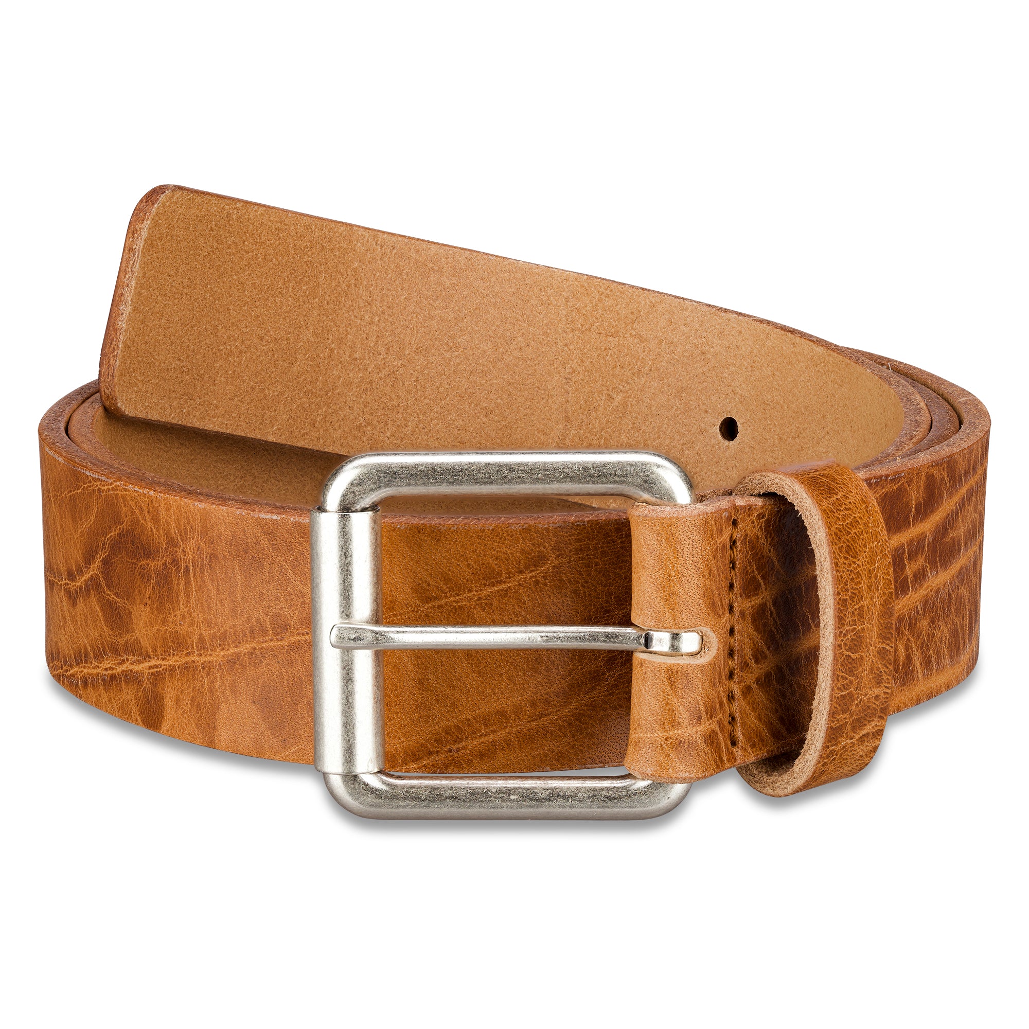 4cm ungefärbter Ledergürtel für Männer mit silberfarbener Rollschnalle im Used Look aus dickem, pflanzlich gegerbten Leder