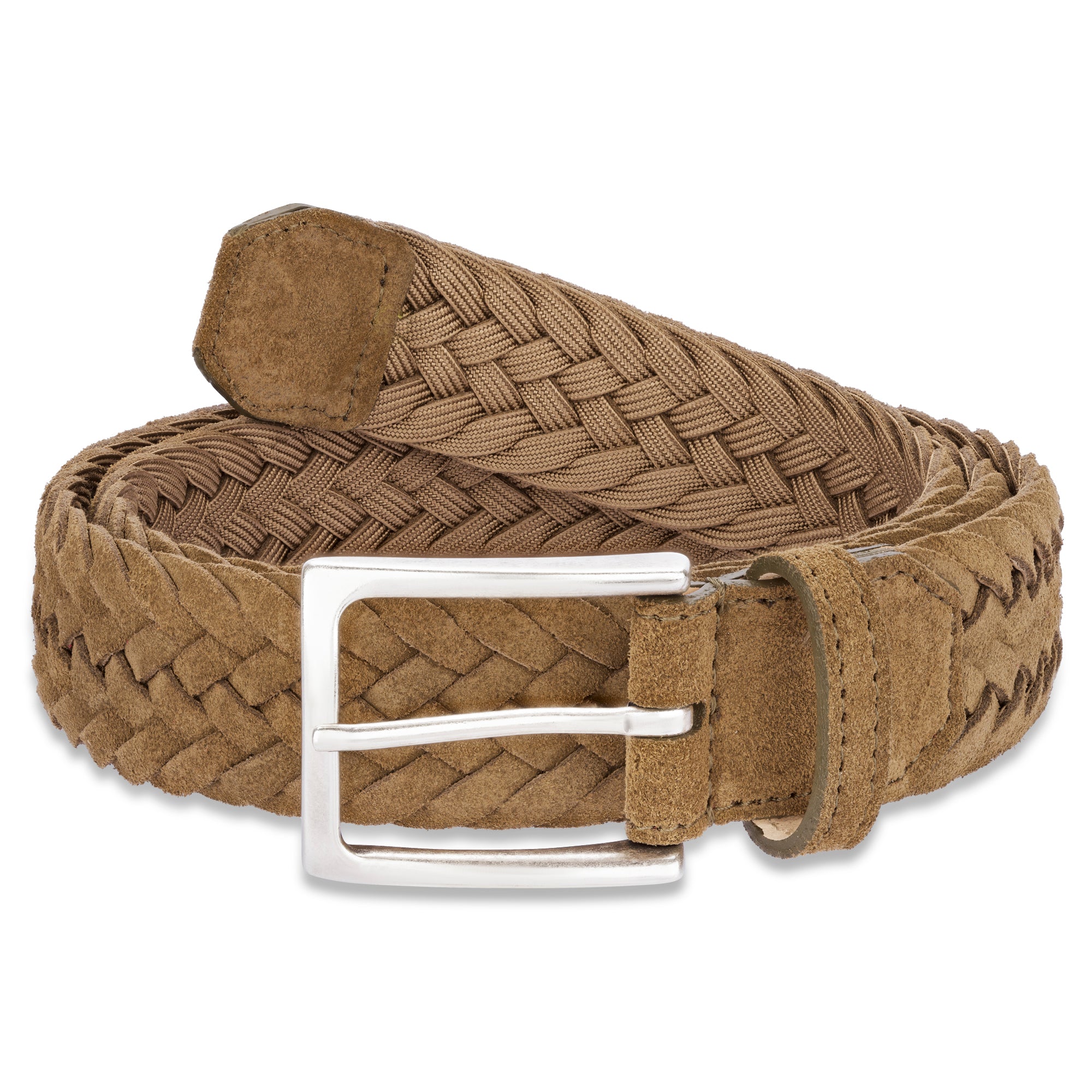 Leichter Herren Flechtgürtel aus Veloursleder: „Francesco“ in Khaki – 3,5 cm breit