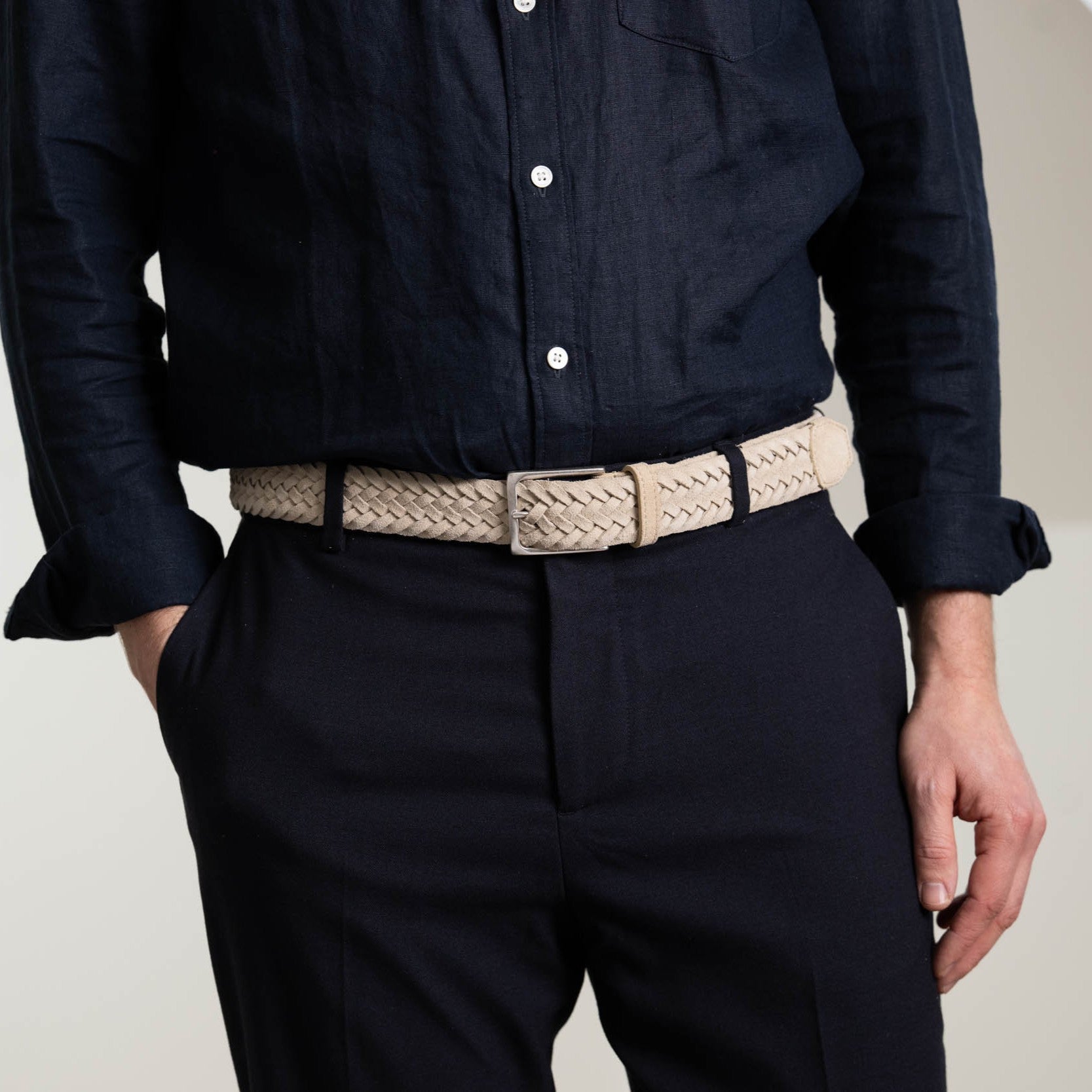 Leichter Herren Flechtgürtel aus Veloursleder: „Francesco“ in Beige/ Sand – 3,5 cm breit