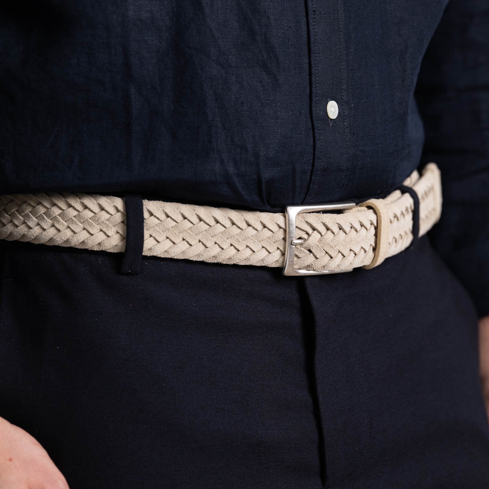 Leichter Herren Flechtgürtel aus Veloursleder: „Francesco“ in Beige/ Sand – 3,5 cm breit