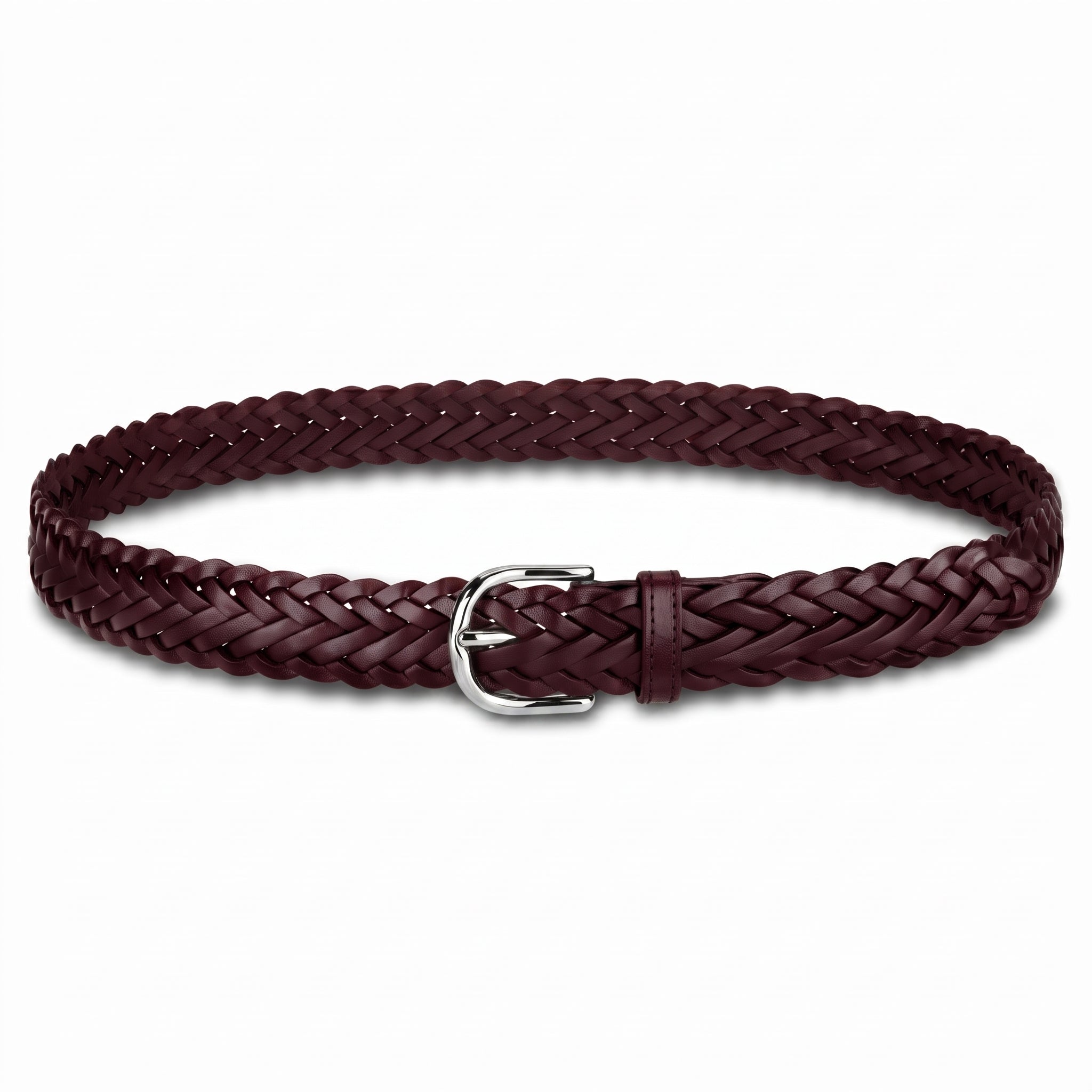 Geflochtener Ledergürtel „Andrea“ in Bordeaux – Unisex Flechtgürtel, 3 cm breit, mit Silber-Schnalle