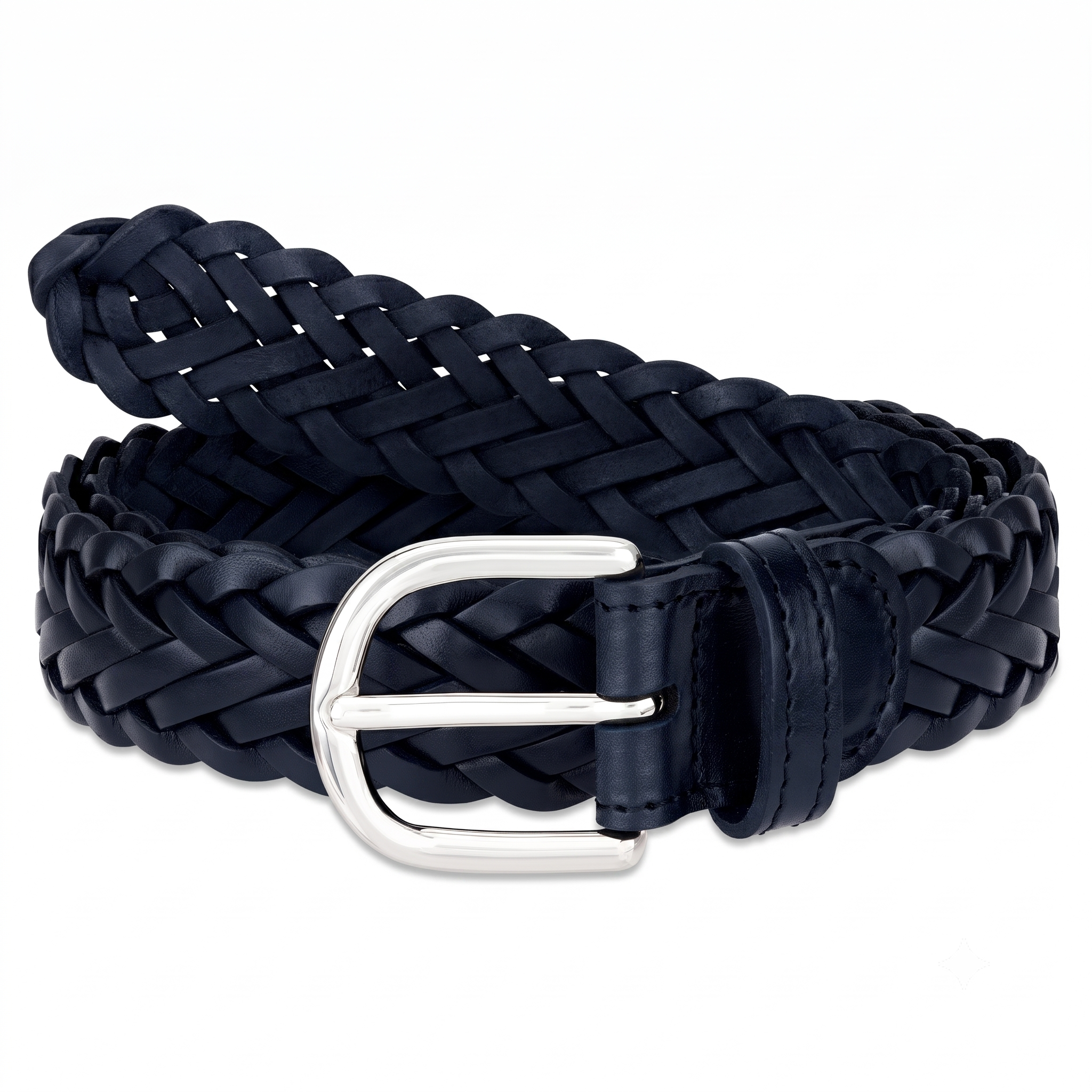 Geflochtener Ledergürtel „Andrea“ in Dunkelblau – Unisex Flechtgürtel, 3 cm breit, mit Silber-Schnalle