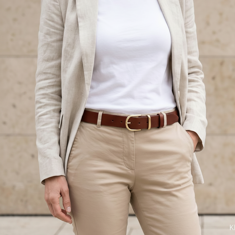 Weicher Jeansgürtel für Damen, Ledergürtel „Antonia" in Cognac, 3,5cm breit, Gold-Schnalle satiniert