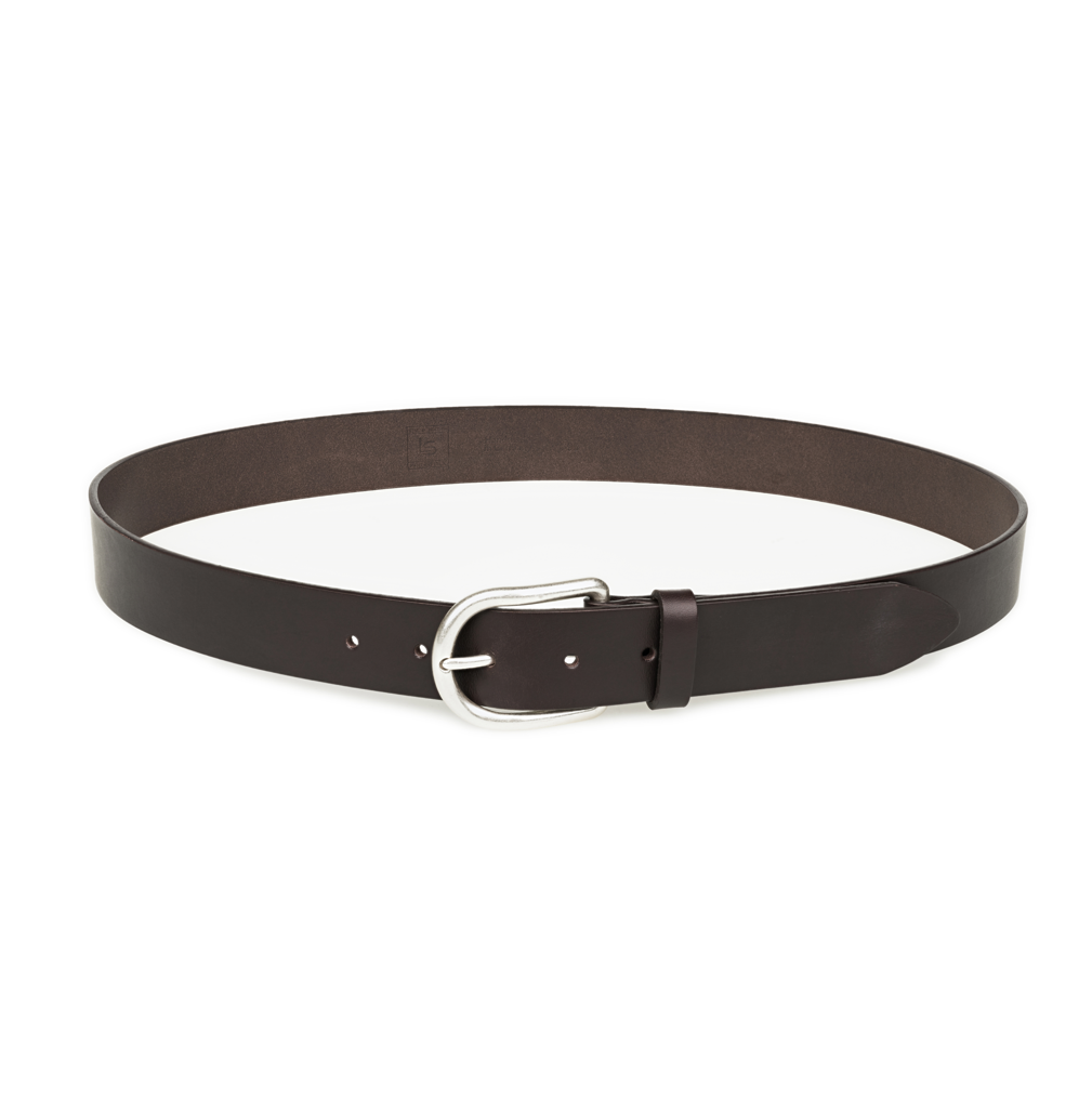 hochwertiger Damen Jeansgürtel in dunkelbraun aus nachhaltigem, pflanzlich gegerbten Rindleder mit silberner Schnalle