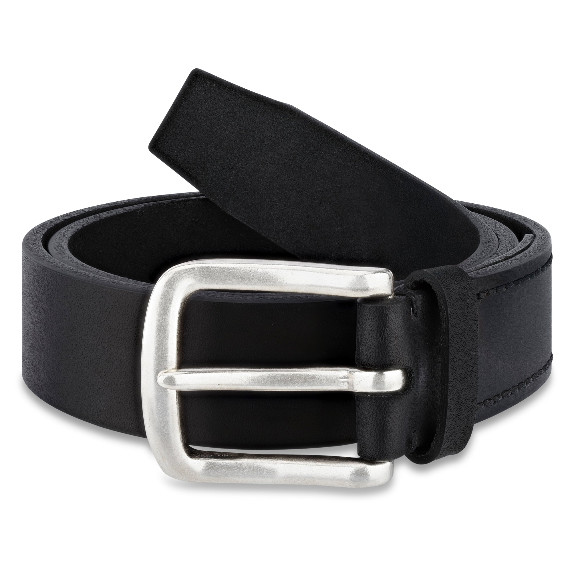 extra dicker Jeansgürtel in schwarz aus Ochsenleder 4cm breit mit Handnaht, silberner Schnalle und trapezförmiger Spitze