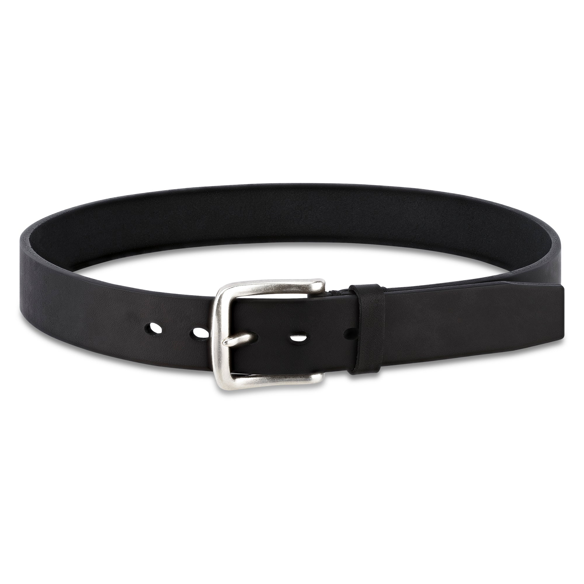 extra dicker Jeansgürtel in schwarz aus Ochsenleder 4cm breit mit Handnaht, silberner Schnalle und trapezförmiger Spitze