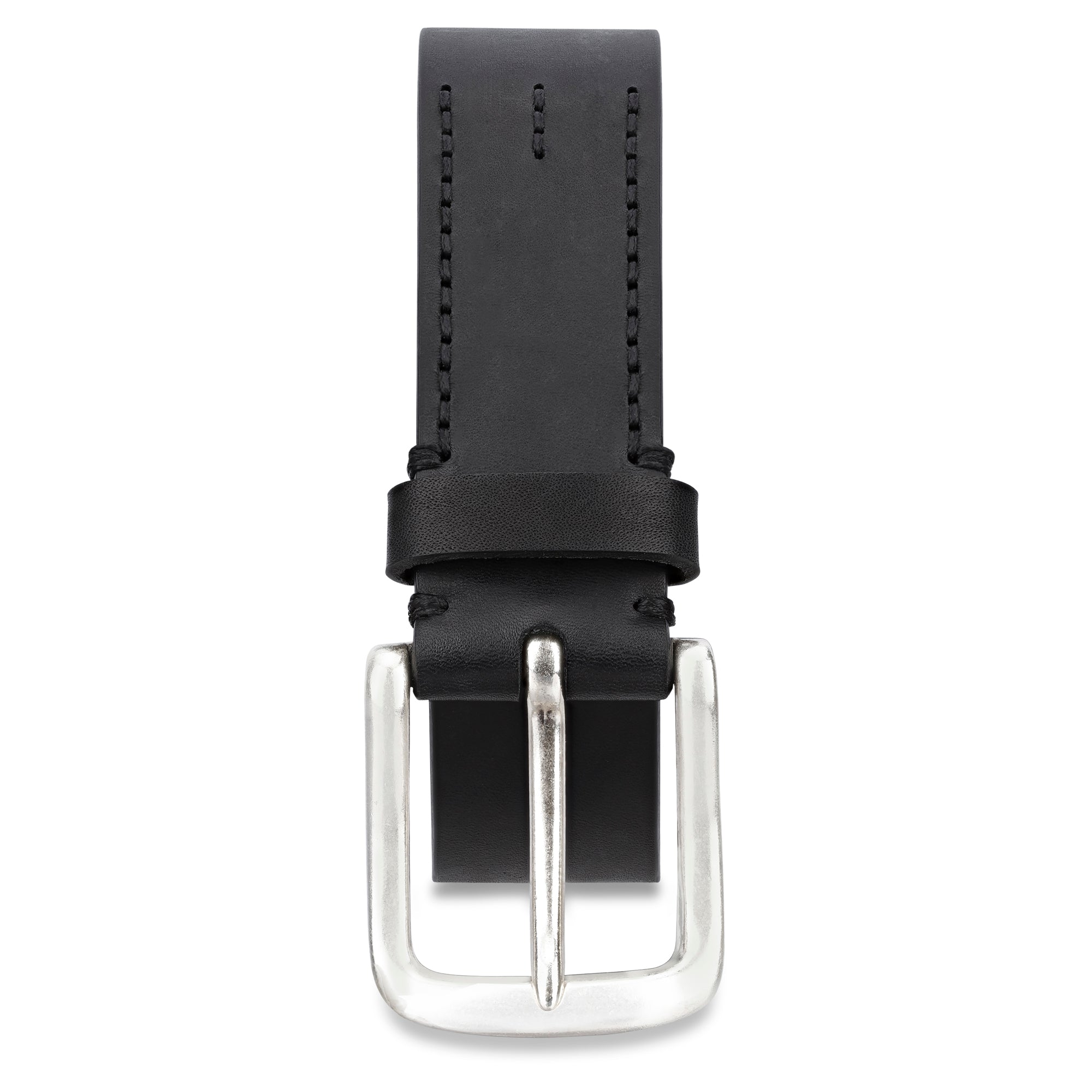 extra dicker Jeansgürtel in schwarz aus Ochsenleder 4cm breit mit Handnaht, silberner Schnalle und trapezförmiger Spitze