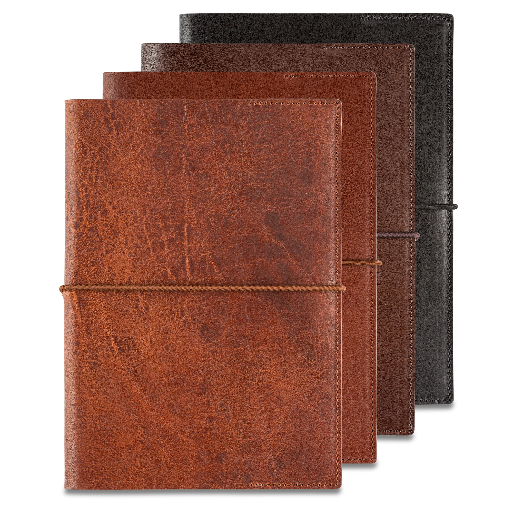 handgemachte DIN A5 Notizbücher aus pflanzlich geerbtem Leder in den Farben braun, schwarz und cognac