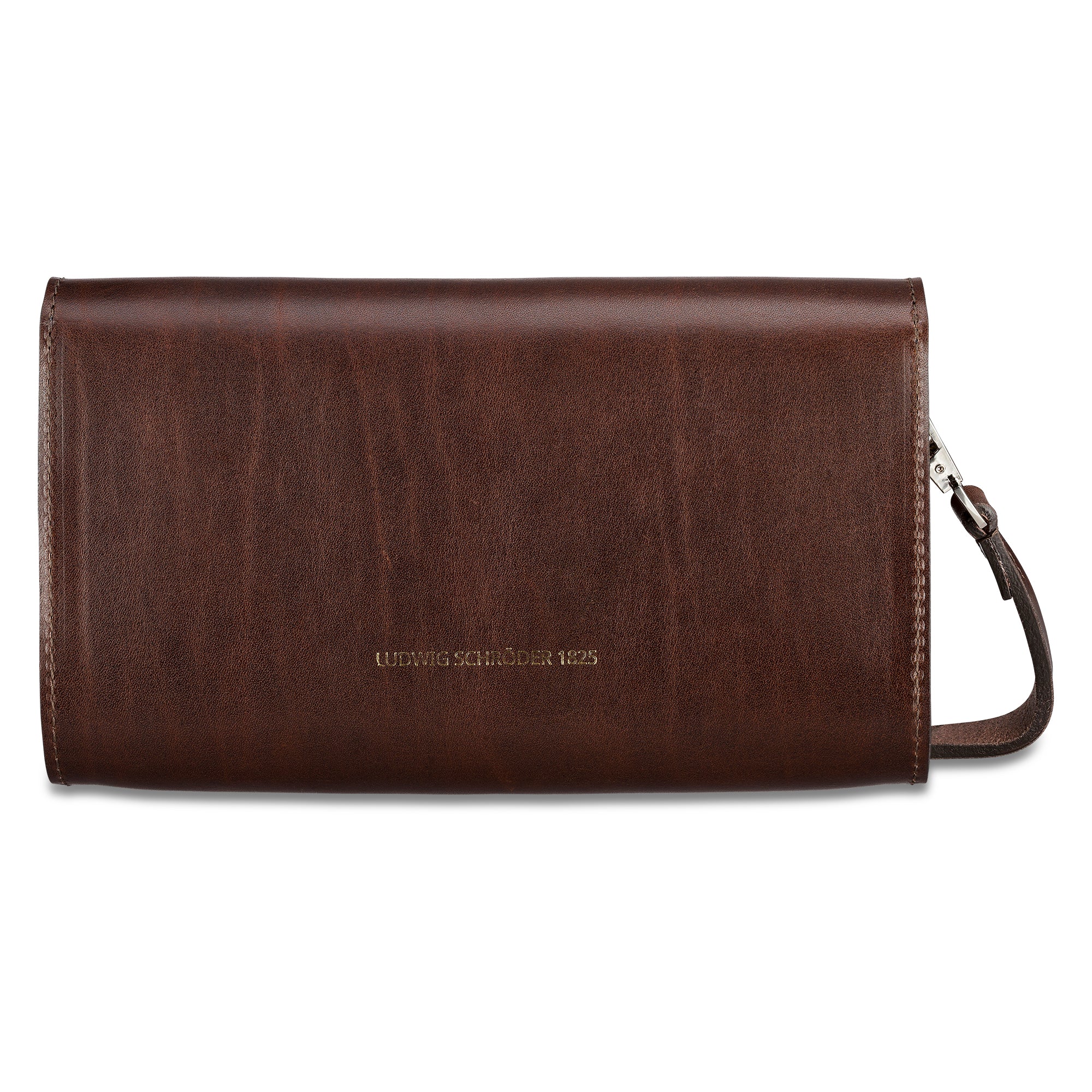 Edle kleine Lederhandtasche aus pflanzlich gegerbtem Leder in Braun. Hier die Rückansicht mit Logoprägung. Schmaler Riemen zum Umhängen, befestigt mit kleinen silbernen Karabinern.