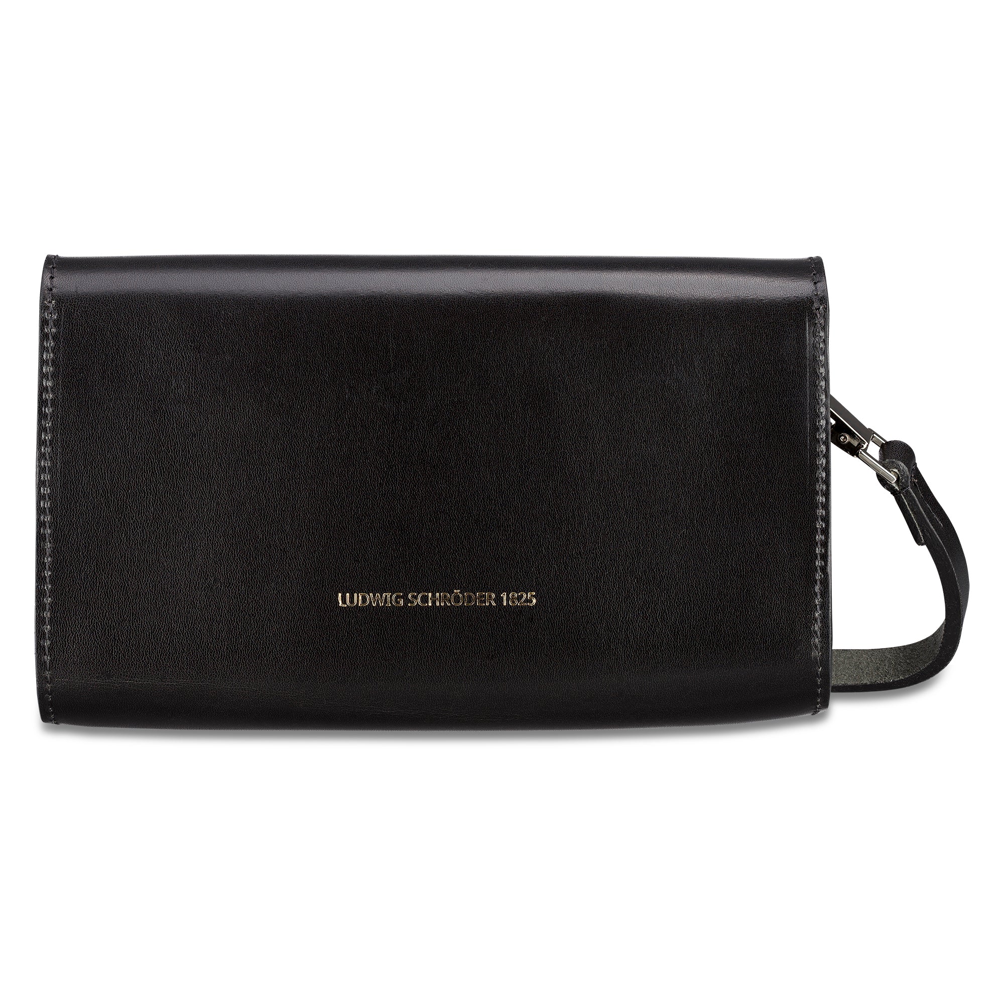 Edle kleine Lederhandtasche aus pflanzlich gegerbtem Leder in Schwarz. Hier die Rückansicht mit Logoprägung. Schmaler Riemen zum Umhängen, befestigt mit kleinen silbernen Karabinern.