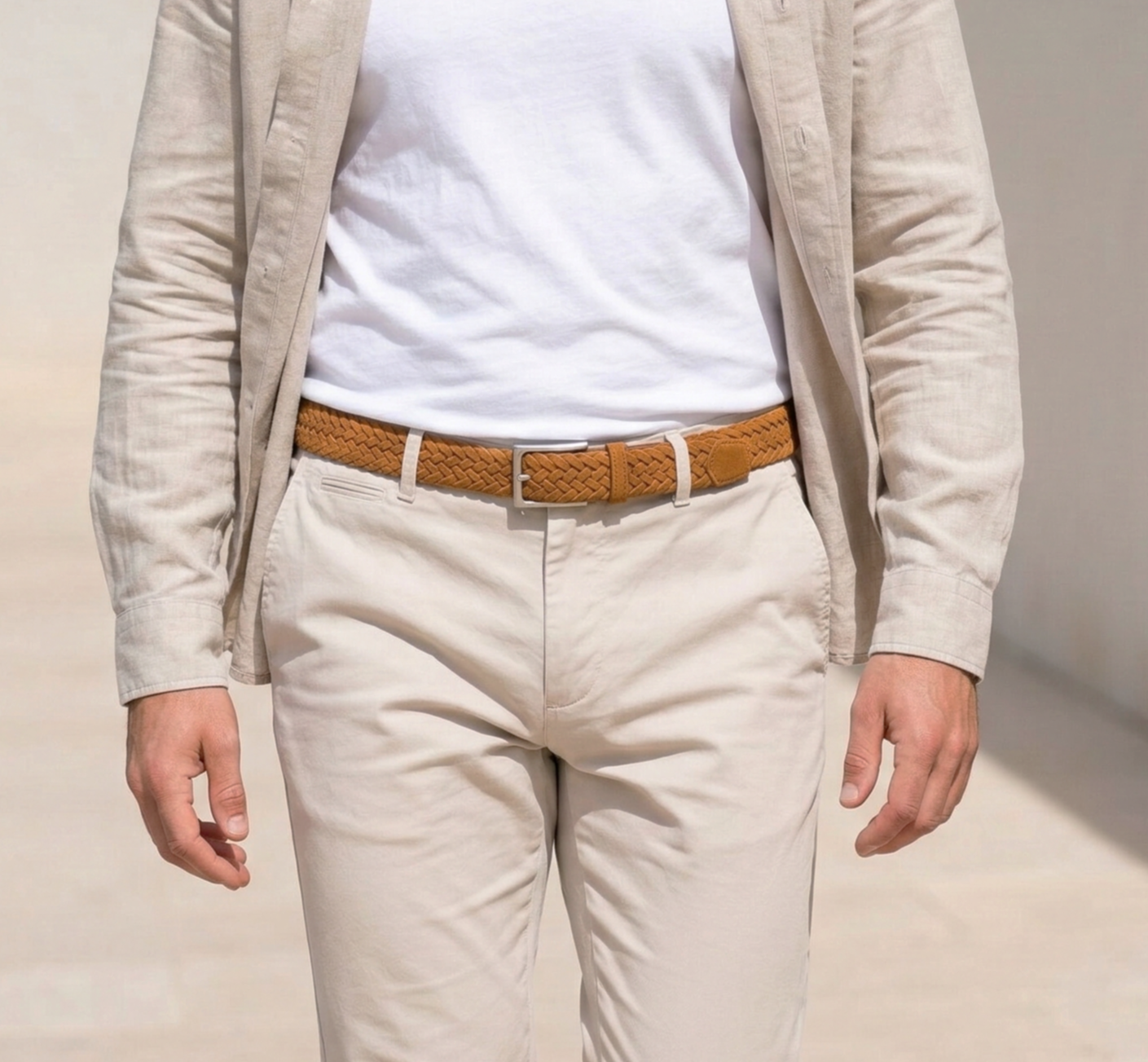 Leichter Herren Flechtgürtel aus Veloursleder: „Francesco“ in Caramel – 3,5 cm breit