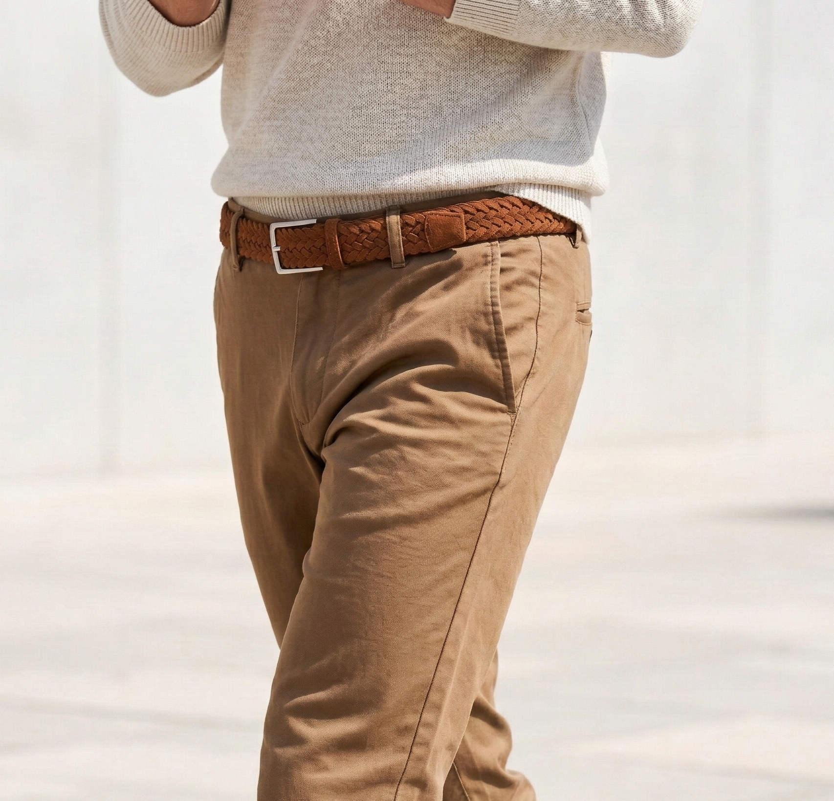 Leichter Herren Flechtgürtel aus Veloursleder: „Francesco“ in Braun – 3,5 cm breit