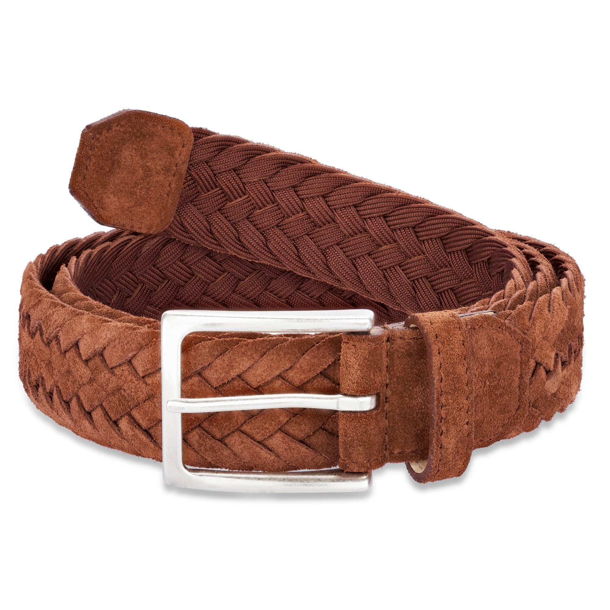 Herren Flechtgürtel aus Velours Leder in cognac / braun