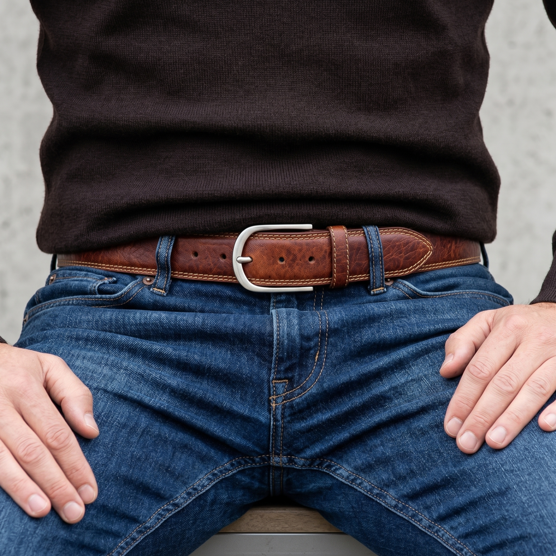 „Gregory“ der authentische Herren Ledergürtel in Cognac – 4 cm breit, "superbombiert", mit Edelstahl-Schnalle