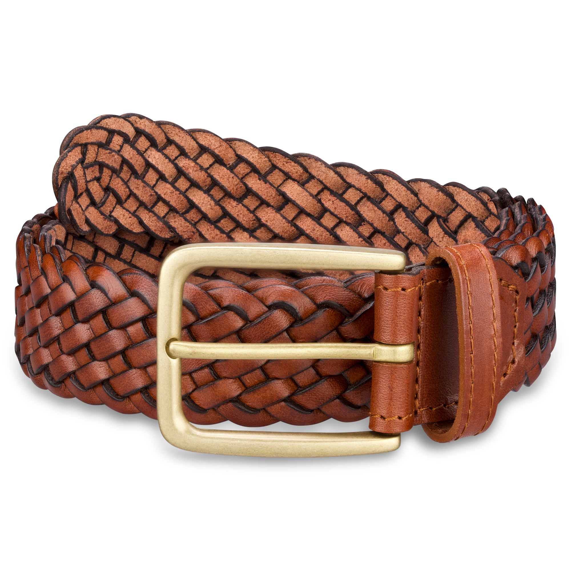 3,5cm schmaler, handgeflochtener Flechtledergürtel in Cognac mit goldfarbener Schnalle