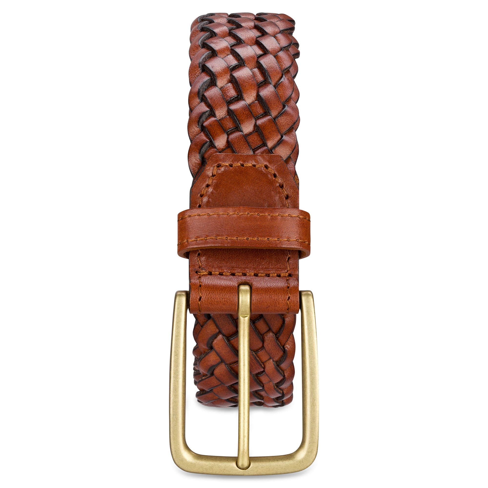 3,5cm schmaler, handgeflochtener Flechtledergürtel Herren in Cognac mit goldfarbener Schnalle