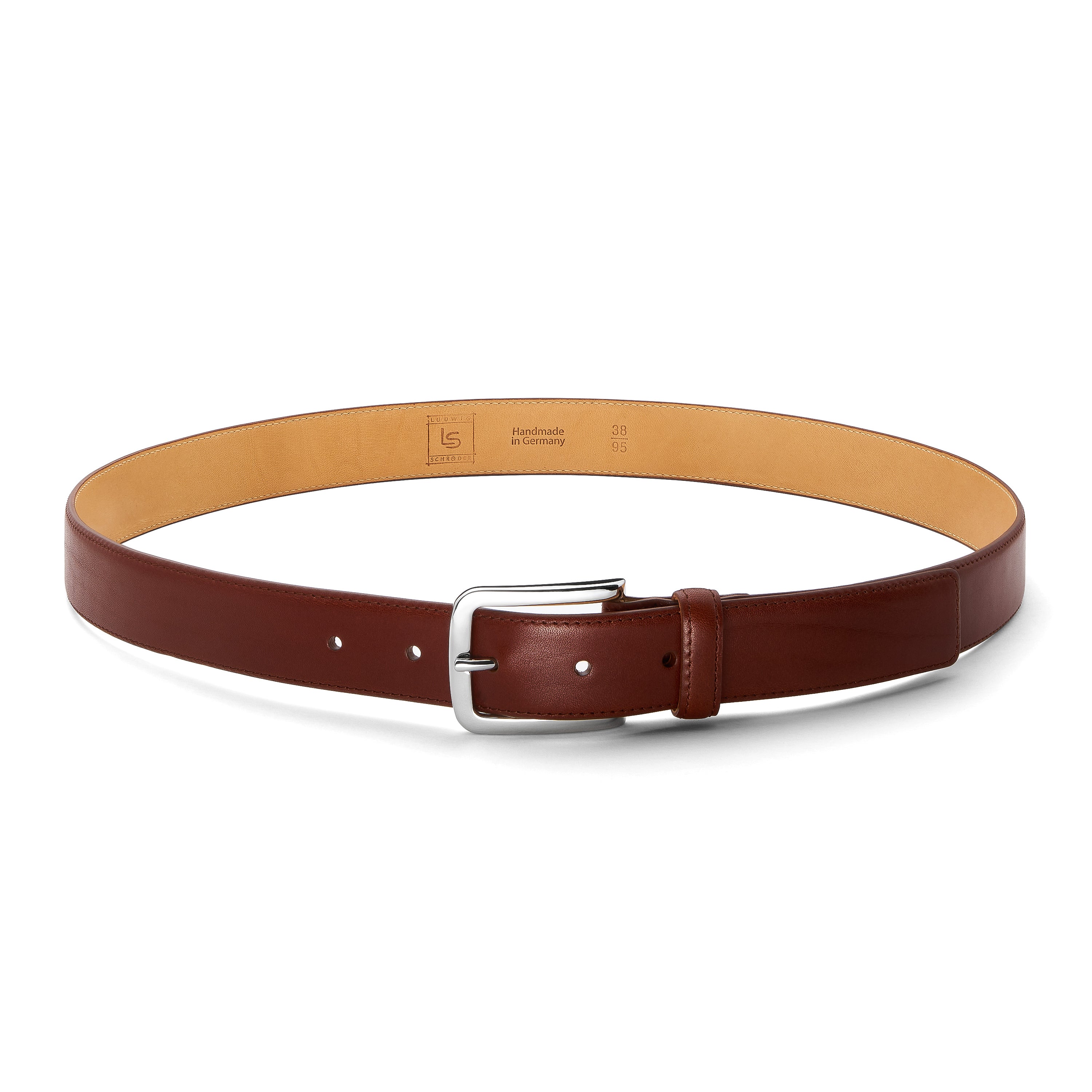 leichter Herrengürtel zum Anzug, schmal und elegant. Hochwertiges Leder in Cognac mit Silberschnalle. Das Modell ist bombiert und genäht.