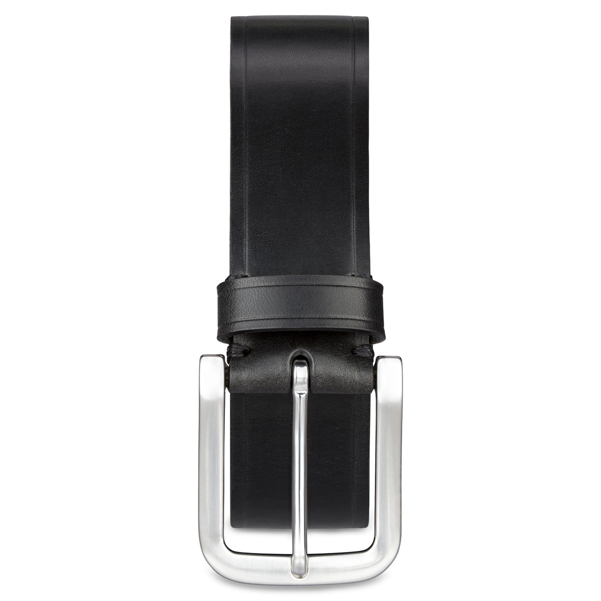 4cm breiter Herren Ledergürtel in schwarz mit silber satinierter Schnalle. Der Gürtel ist gerillt. Die Schnalle ist mit Sattlergarn von Hand vernäht. Das Leder hat einen dezenten Glanz. Insgesamt wirkt der Gürtel hochwertig.