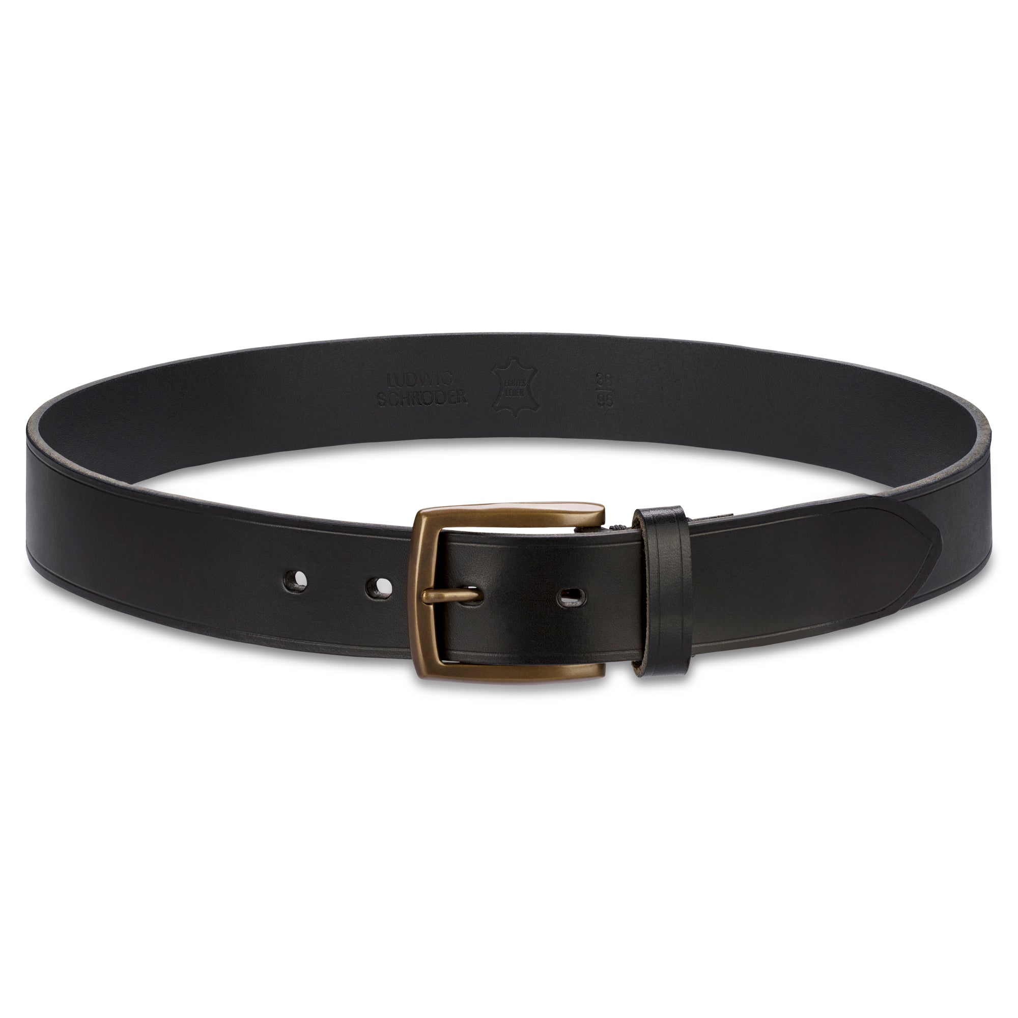 3,5cm schmaler Herren Ledergürtel aus pflanzlich gegerbtem Leder in Schwarz kombiniert mit handgegossener Bronzeschnalle. Innen mittig ist das Logo Ludwig Schröder eingeprägt.